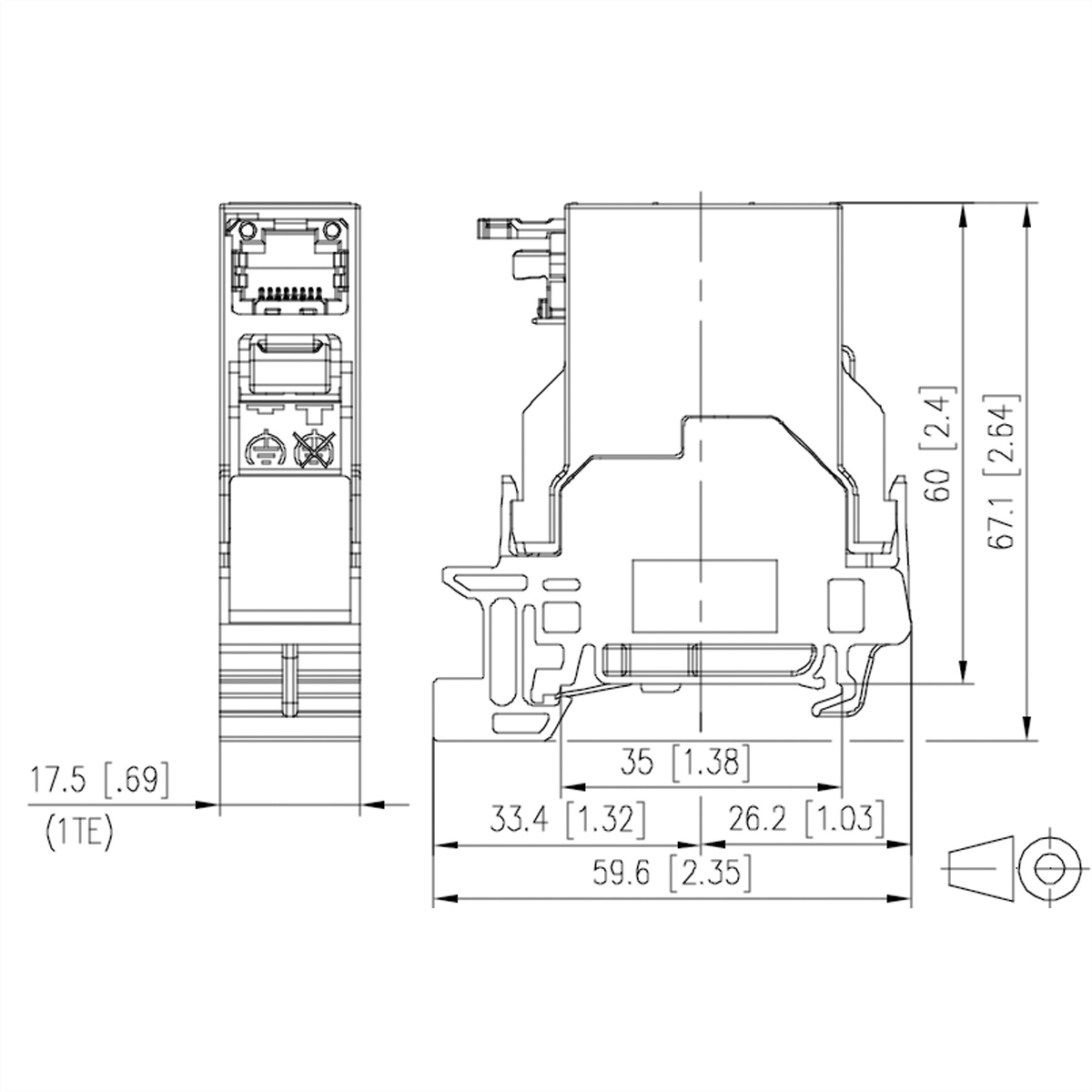 Disegno tecnico di un componente elettrico nero con dimensioni e punti di connessione. Sfondo bianco.