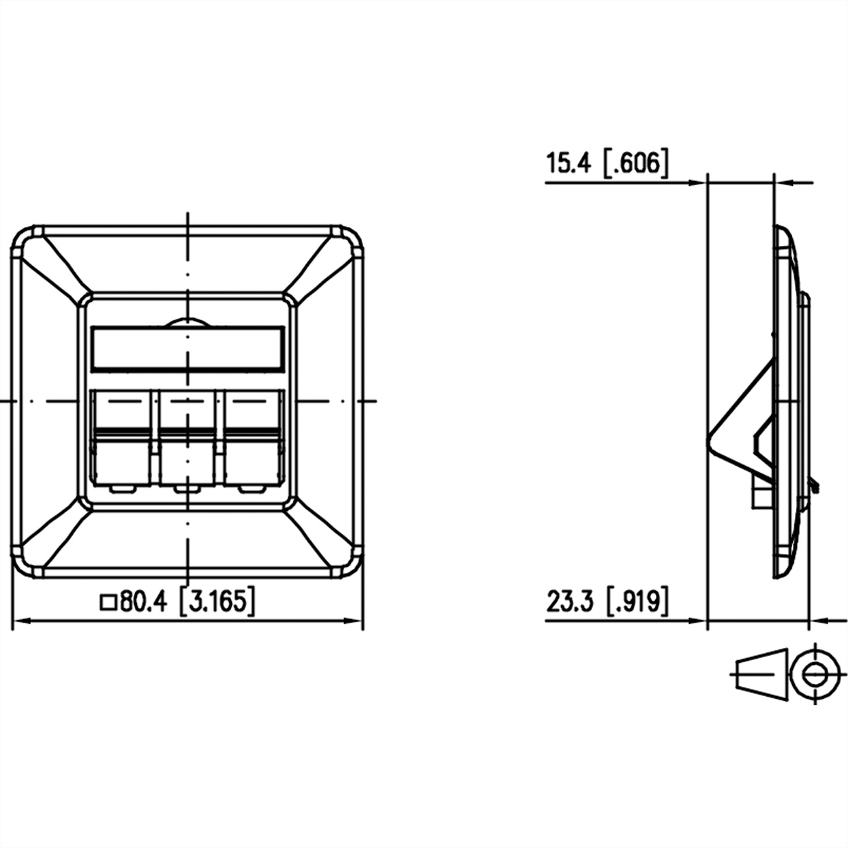 Diagramma di una presa elettrica quadrata con dimensioni. La presa ha tre fessure rettangolari.
