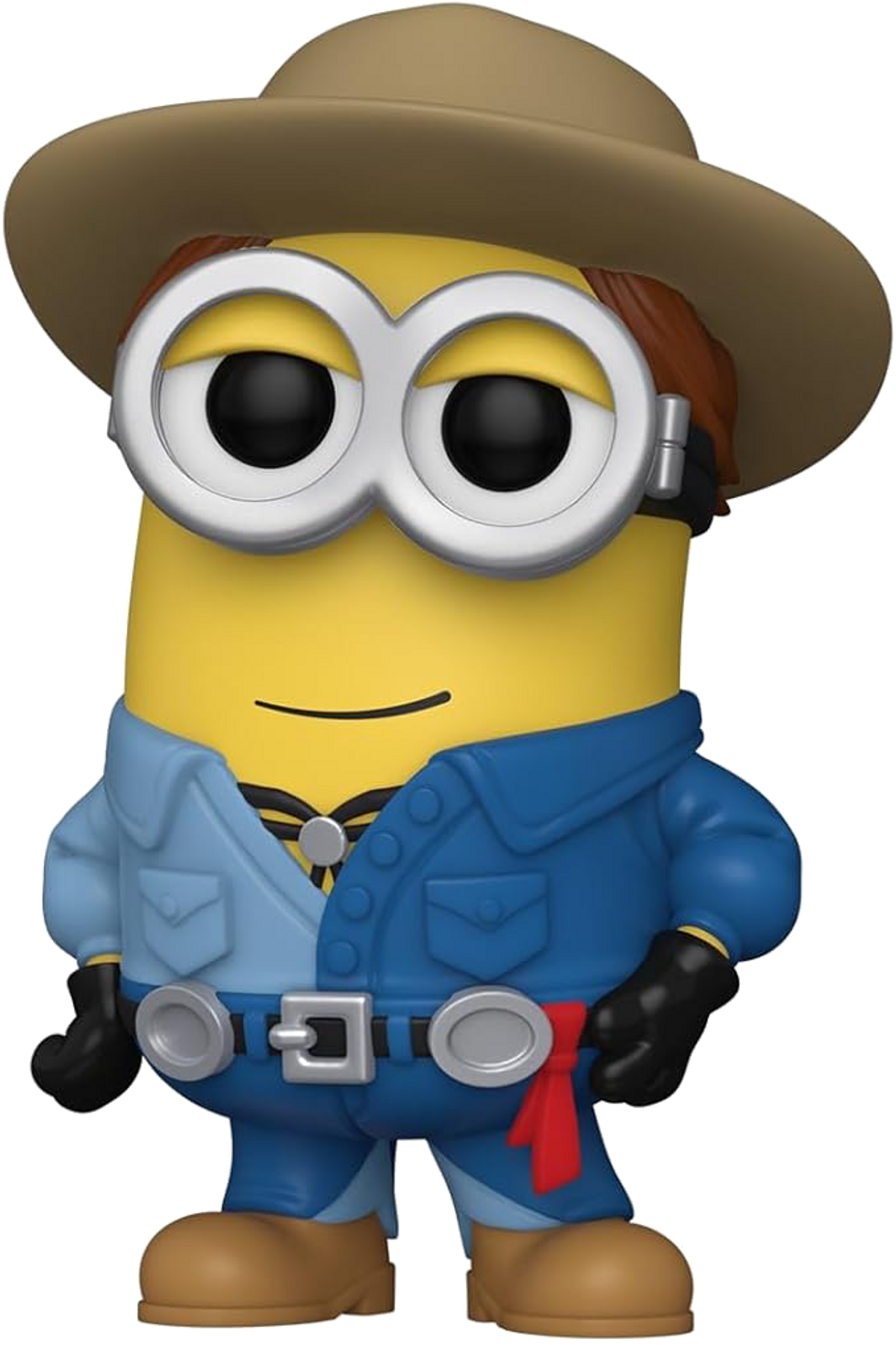 Una figura de Minion vestido de vaquero. Tiene sombrero marrón, camisa azul y vaqueros.