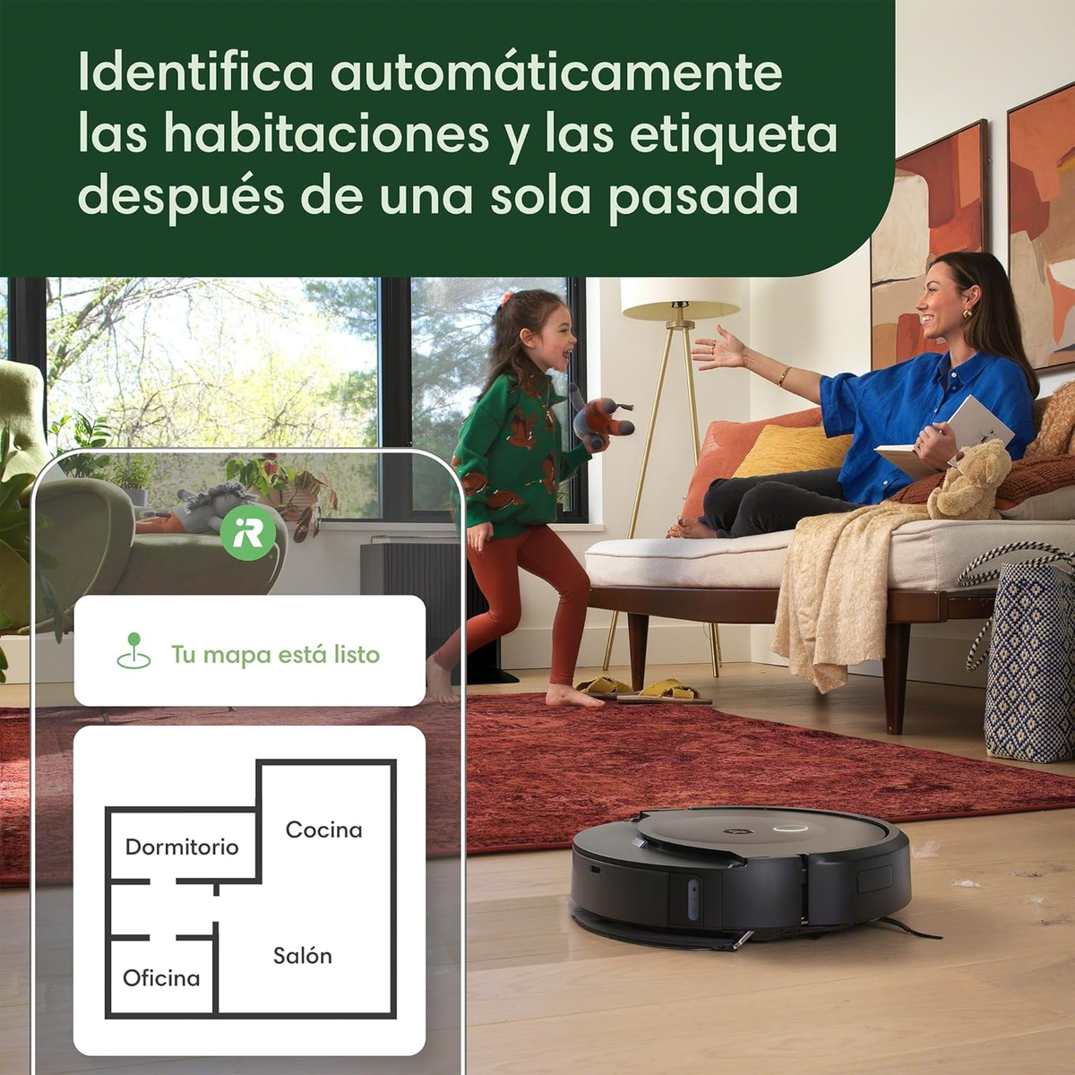 Aspiradora robot limpiando una casa. Muestra un plano de planta, una mujer y un niño.