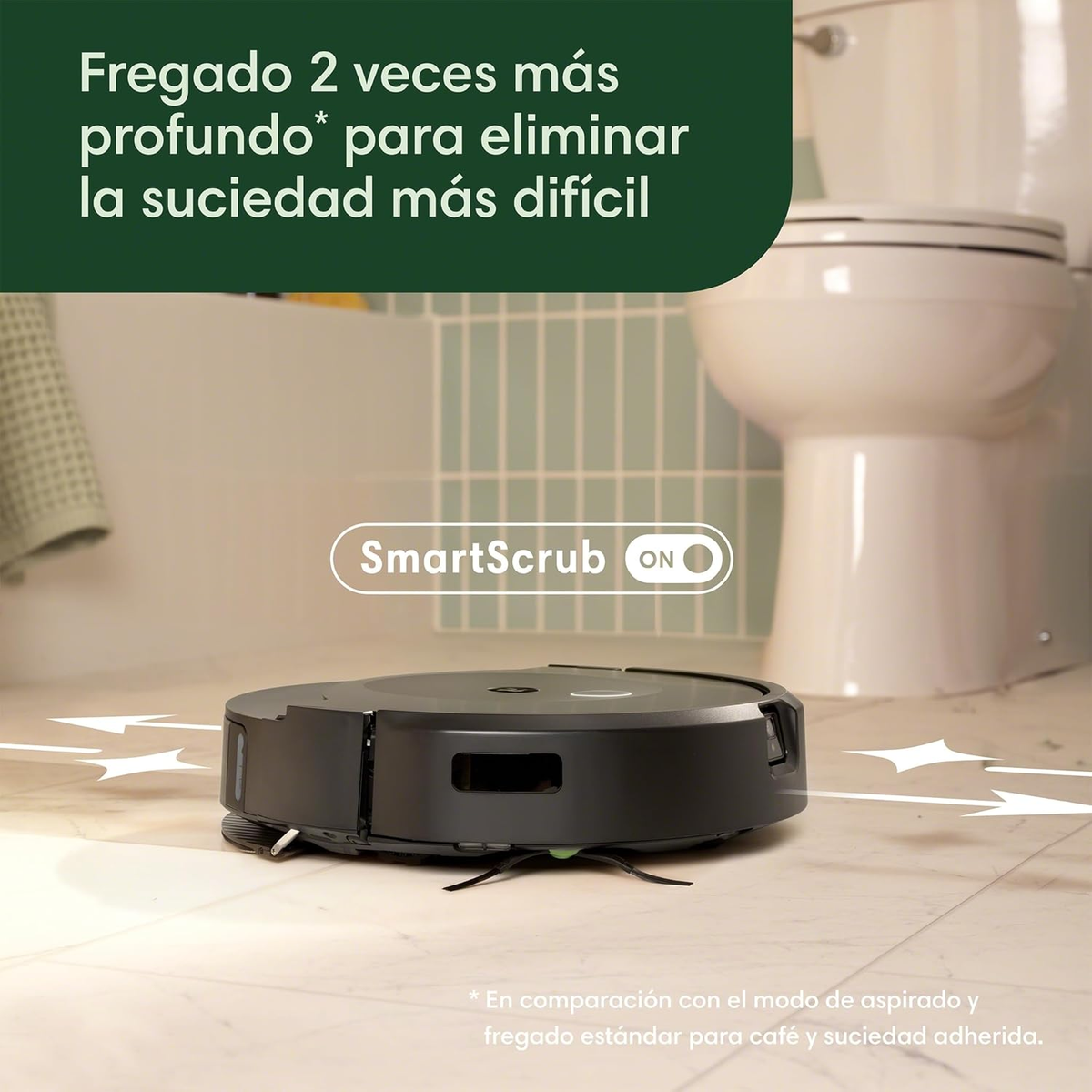 Una aspiradora robot negra con un inodoro blanco en el fondo, con flechas que indican la ruta de limpieza.