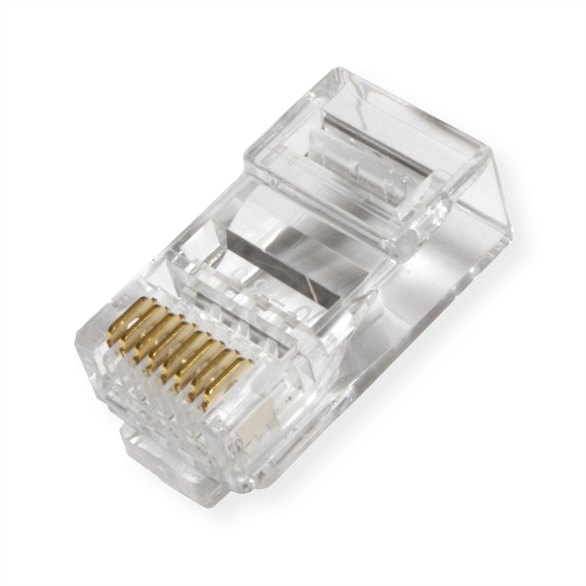 Connettore RJ45 trasparente con pin dorati. È un pezzo di plastica trasparente con contatti dorati.