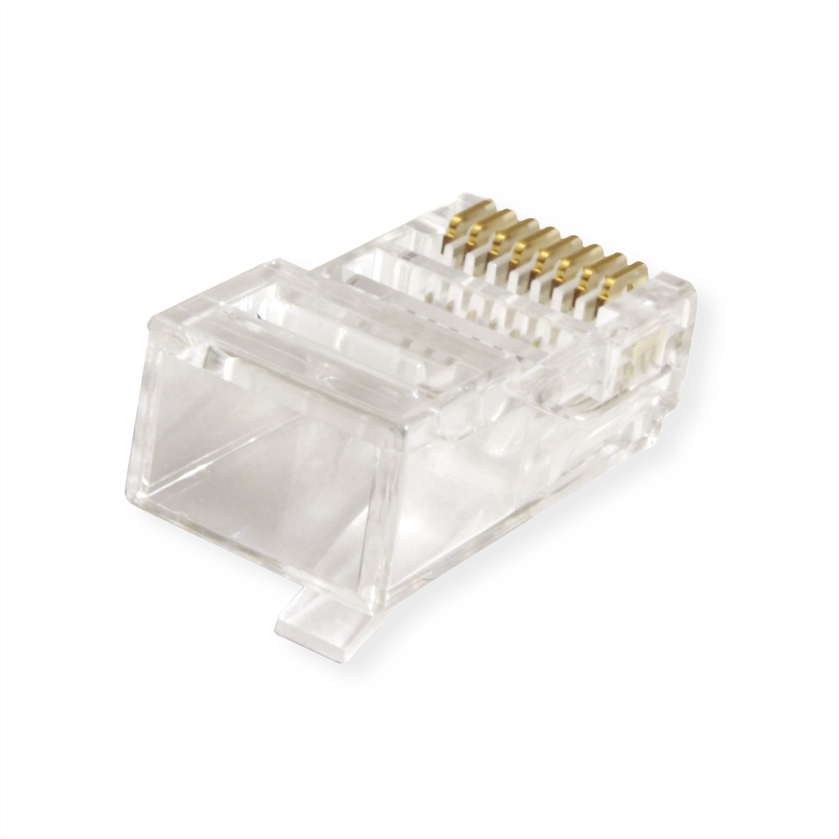Connettore RJ45 in plastica trasparente con pin dorati, vista angolata su sfondo bianco.
