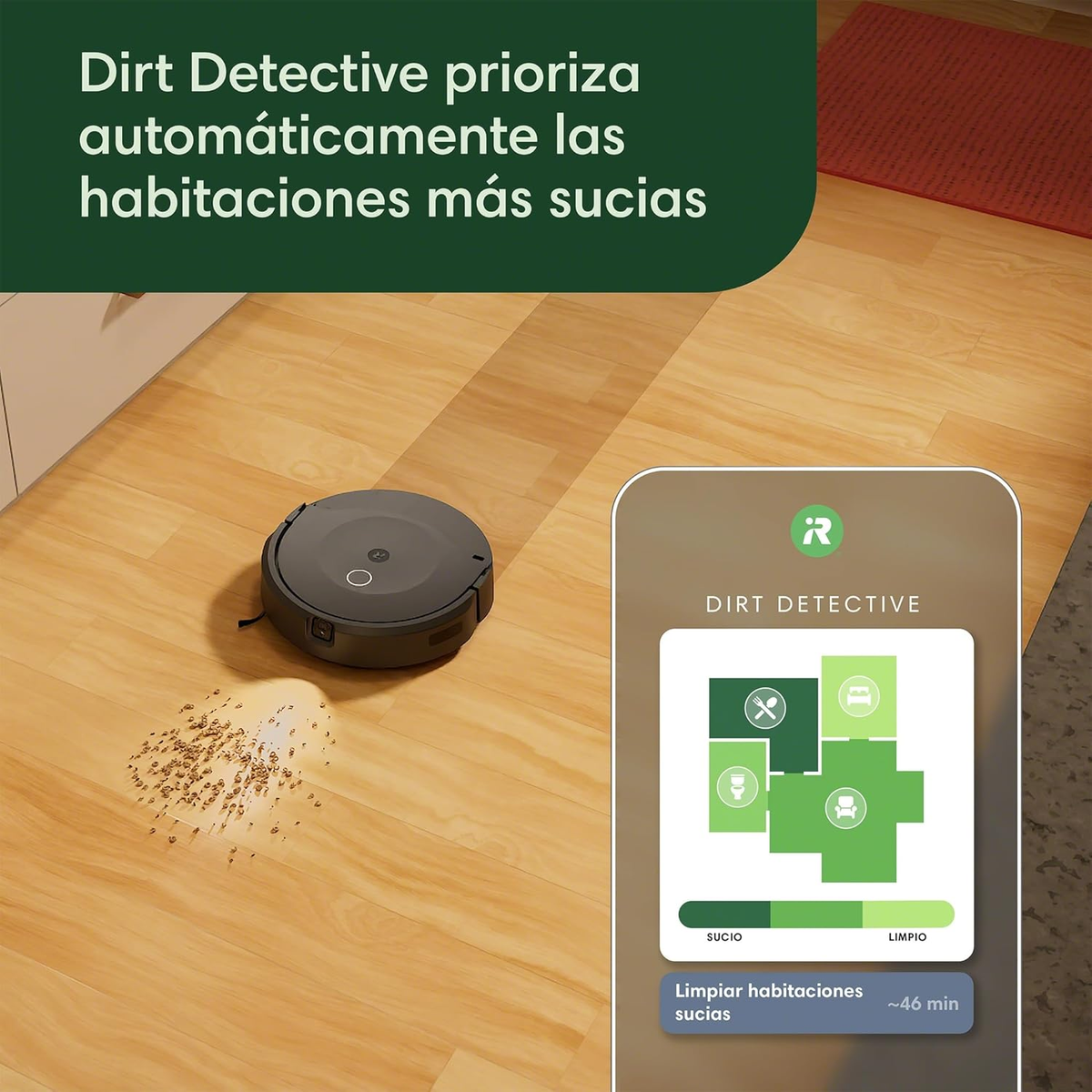 Robot aspiradora limpiando piso de madera. Diagrama muestra áreas limpias y sucias.