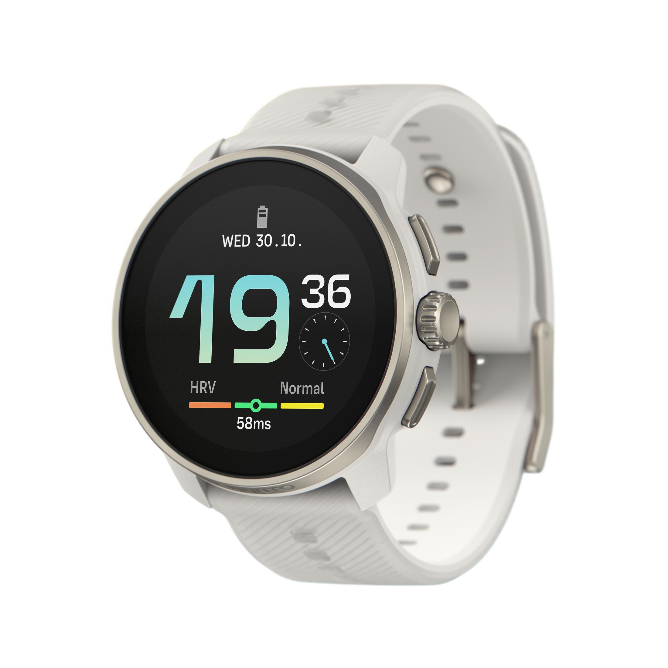 Biały smartwatch, pokazujący godzinę, datę i HRV. Wyświetlacz pokazuje 19:36 i mały zegar.