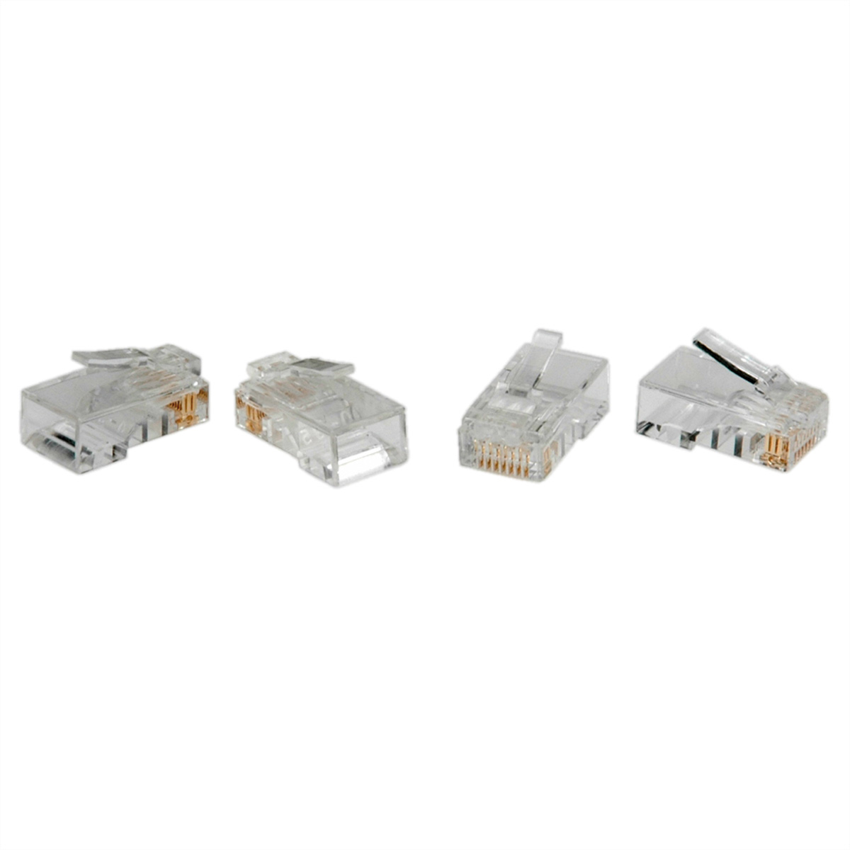 Quattro connettori RJ45 trasparenti con pin di contatto dorati, uno accanto all'altro.
