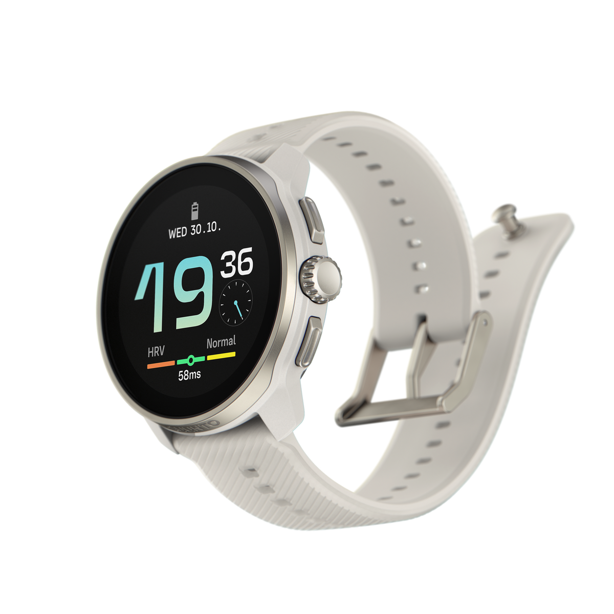 Biały smartwatch Suunto wyświetla czas i dane zdrowotne, na czarnym tle.