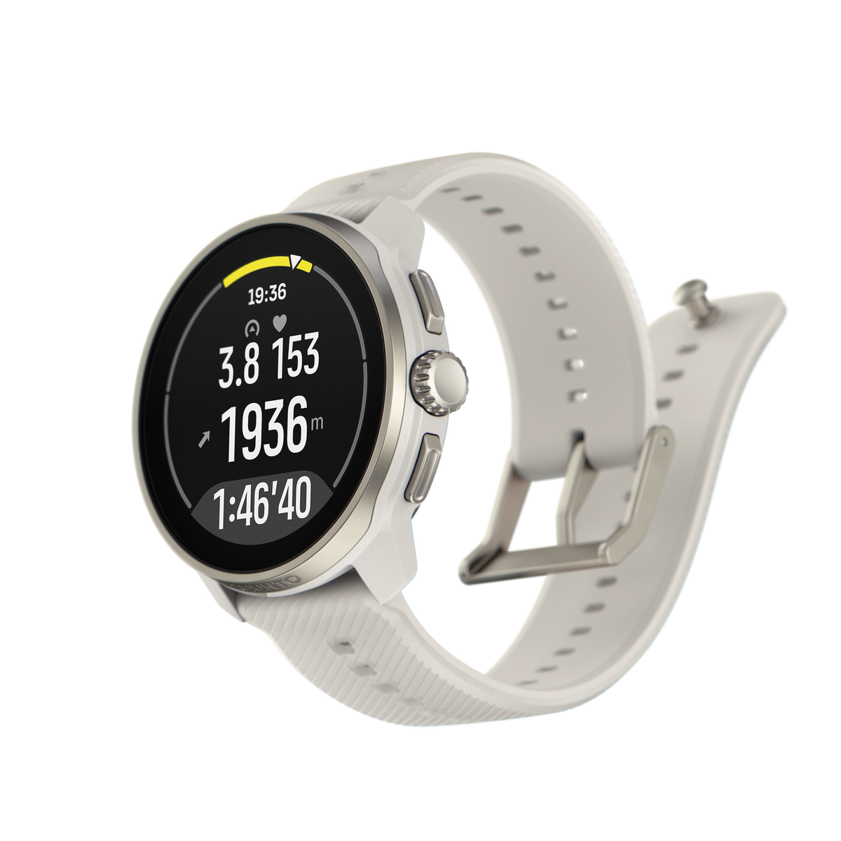 Biało-srebrny zegarek sportowy z białym paskiem, wyświetlający czas, tętno i wysokość.