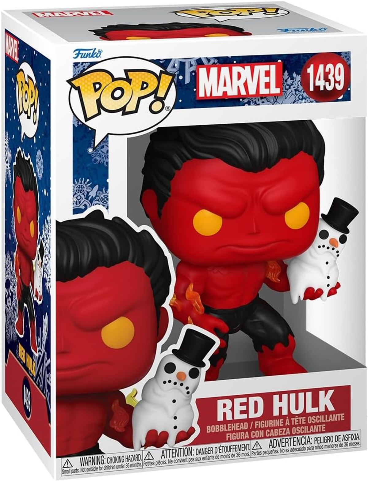 Figura Red Hulk Funko Pop en caja con muñeco de nieve, sobre fondo blanco.