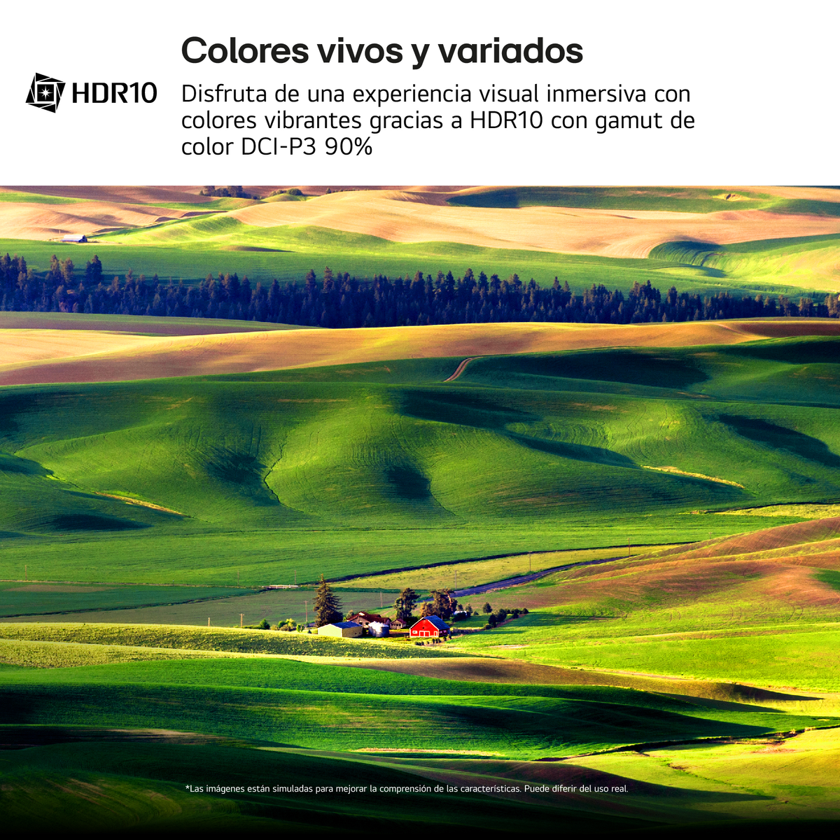 Zielone wzgórza z czerwonym budynkiem. Tekst o technologii HDR10.