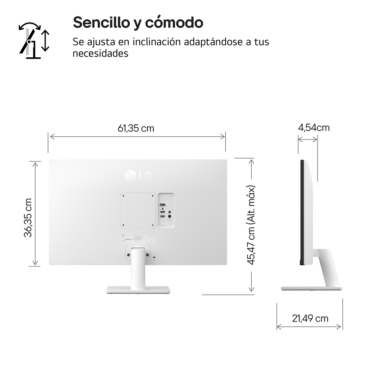 Biały monitor LG z wymiarami i specyfikacjami.