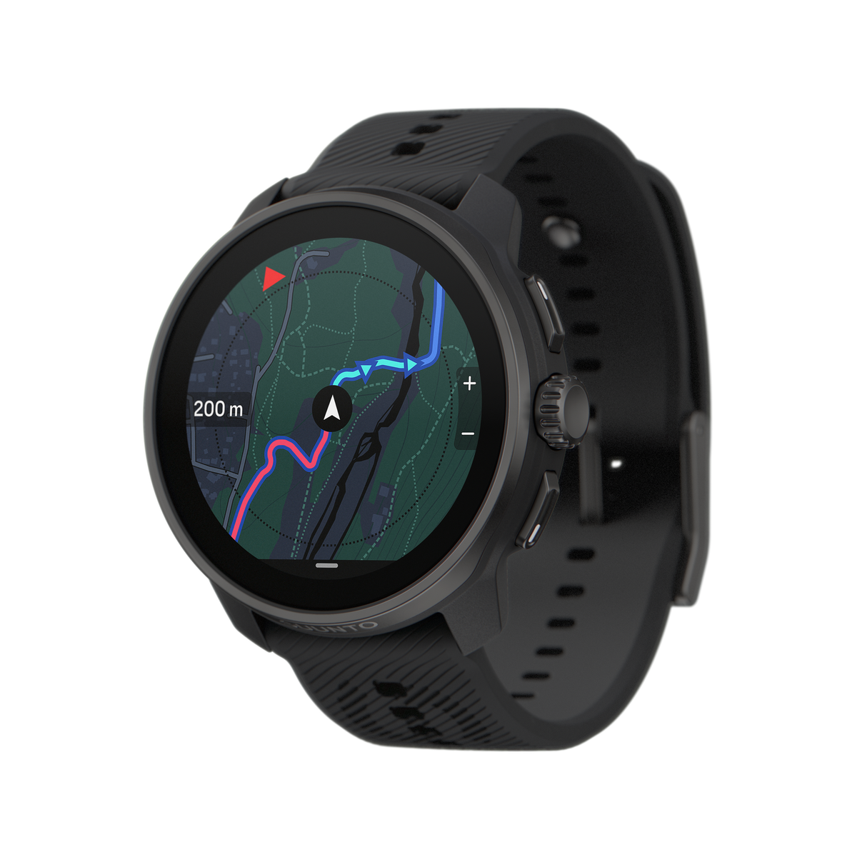 Czarny smartwatch Suunto z wyświetlaczem mapy pokazującym szlak, na czarnym tle.