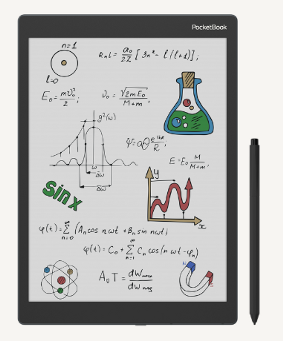 Czytnik e-booków wyświetlający wzory matematyczne i diagramy naukowe, z rysikiem obok.