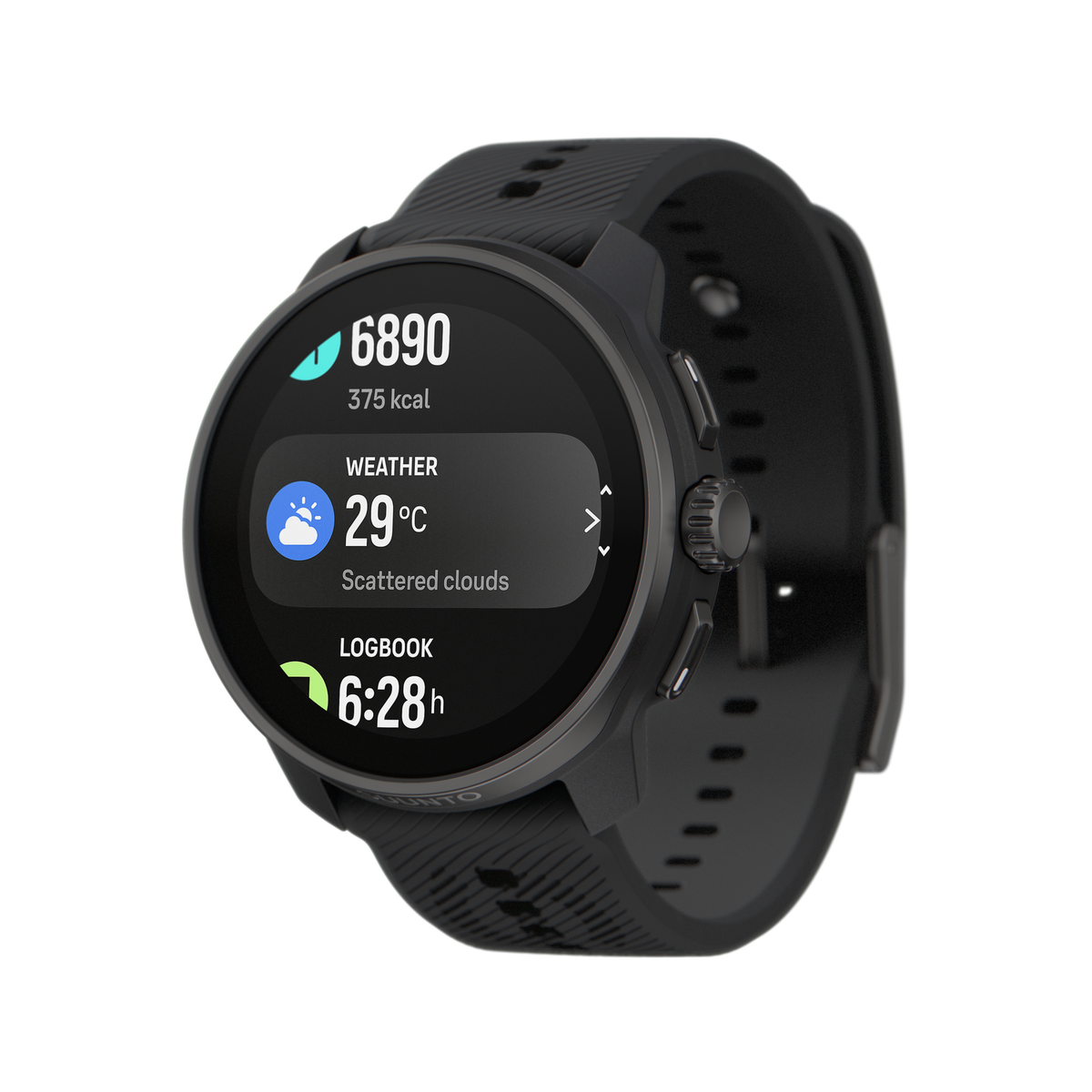 Czarny zegarek sportowy Suunto z czarnym paskiem. Ekran wyświetla dane o czasie i pogodzie.