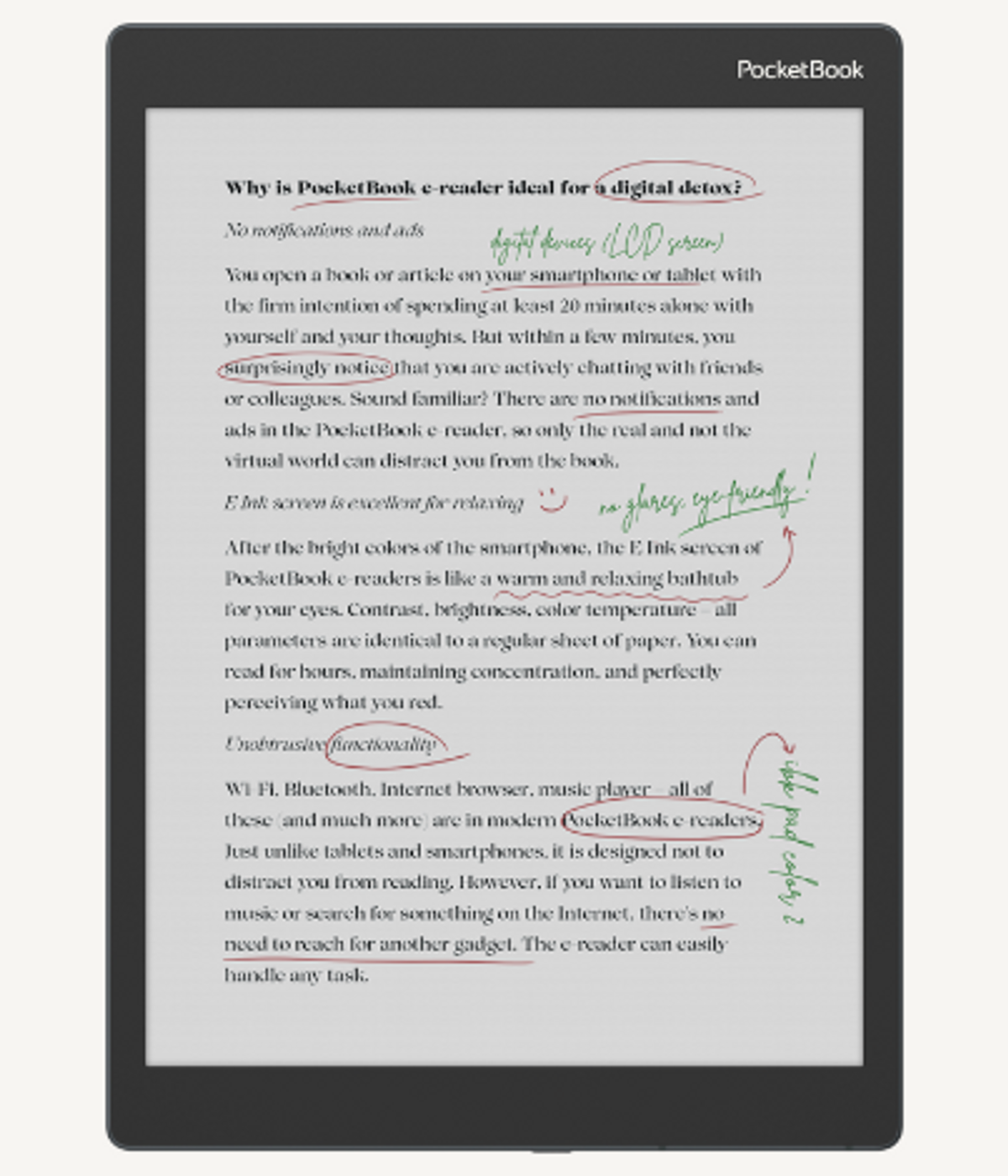 Czarny czytnik e-booków z tekstem i adnotacjami. Tekst omawia zalety czytników e-booków nad smartfonami.