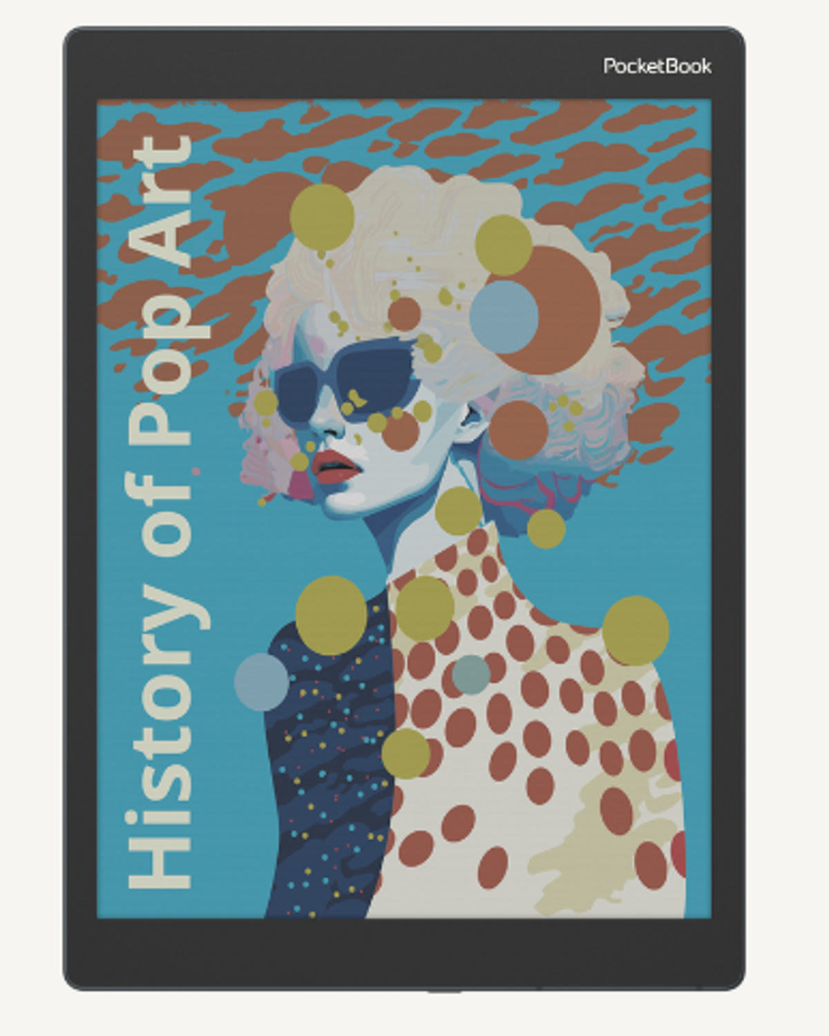 Ekran czytnika e-booków pokazuje kolorową grafikę. Twarz kobiety w okularach przeciwsłonecznych i grochach.