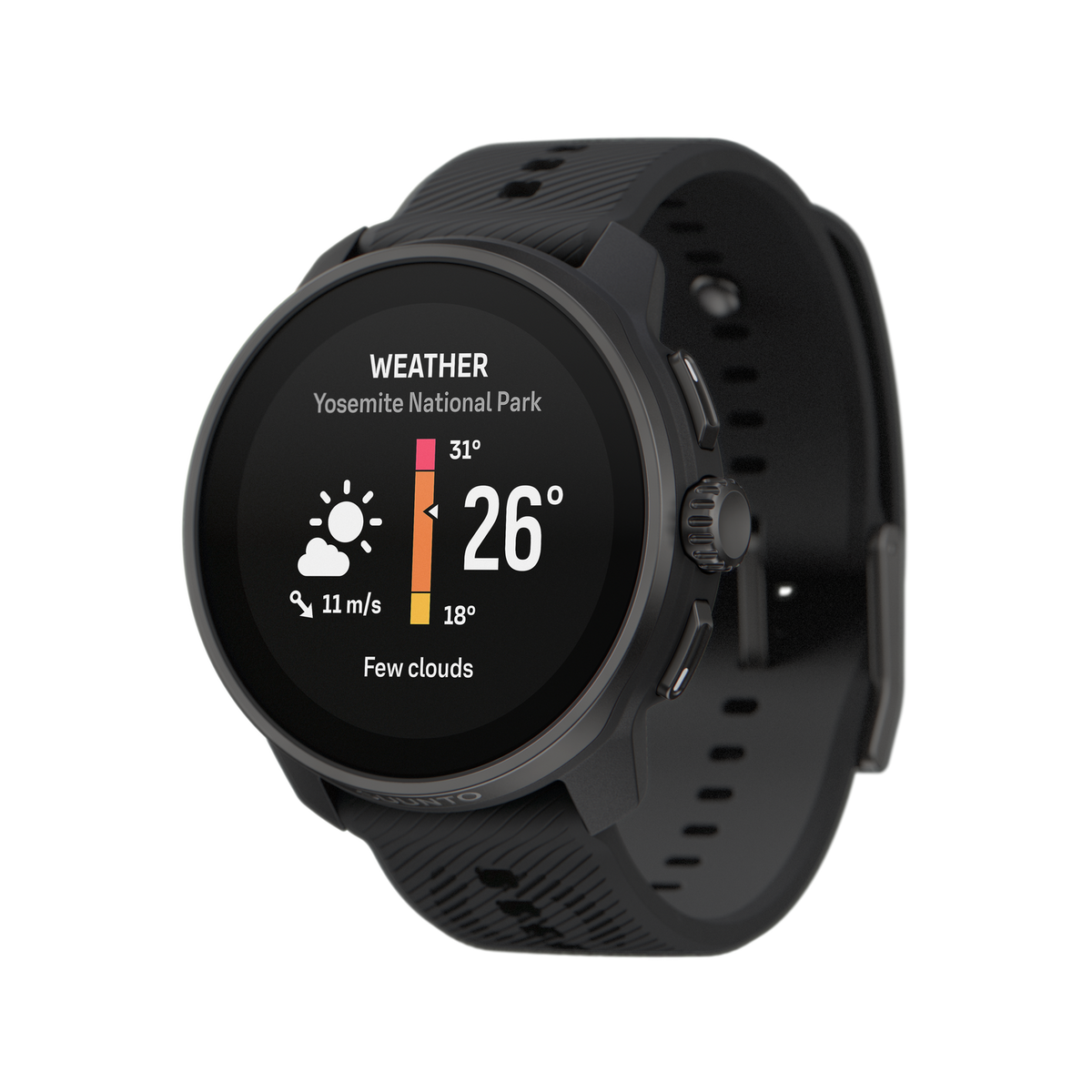 Czarny smartwatch wyświetlający informacje o pogodzie dla Parku Narodowego Yosemite, z informacjami o temperaturze i chmurach.