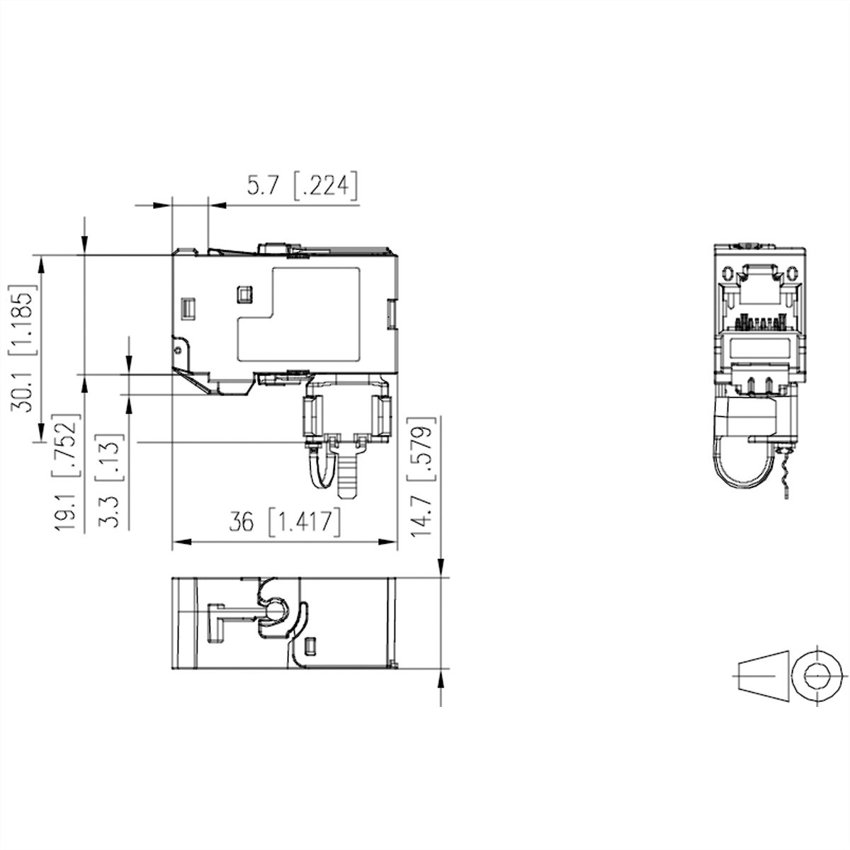Disegno tecnico di un connettore, con misure e annotazioni.