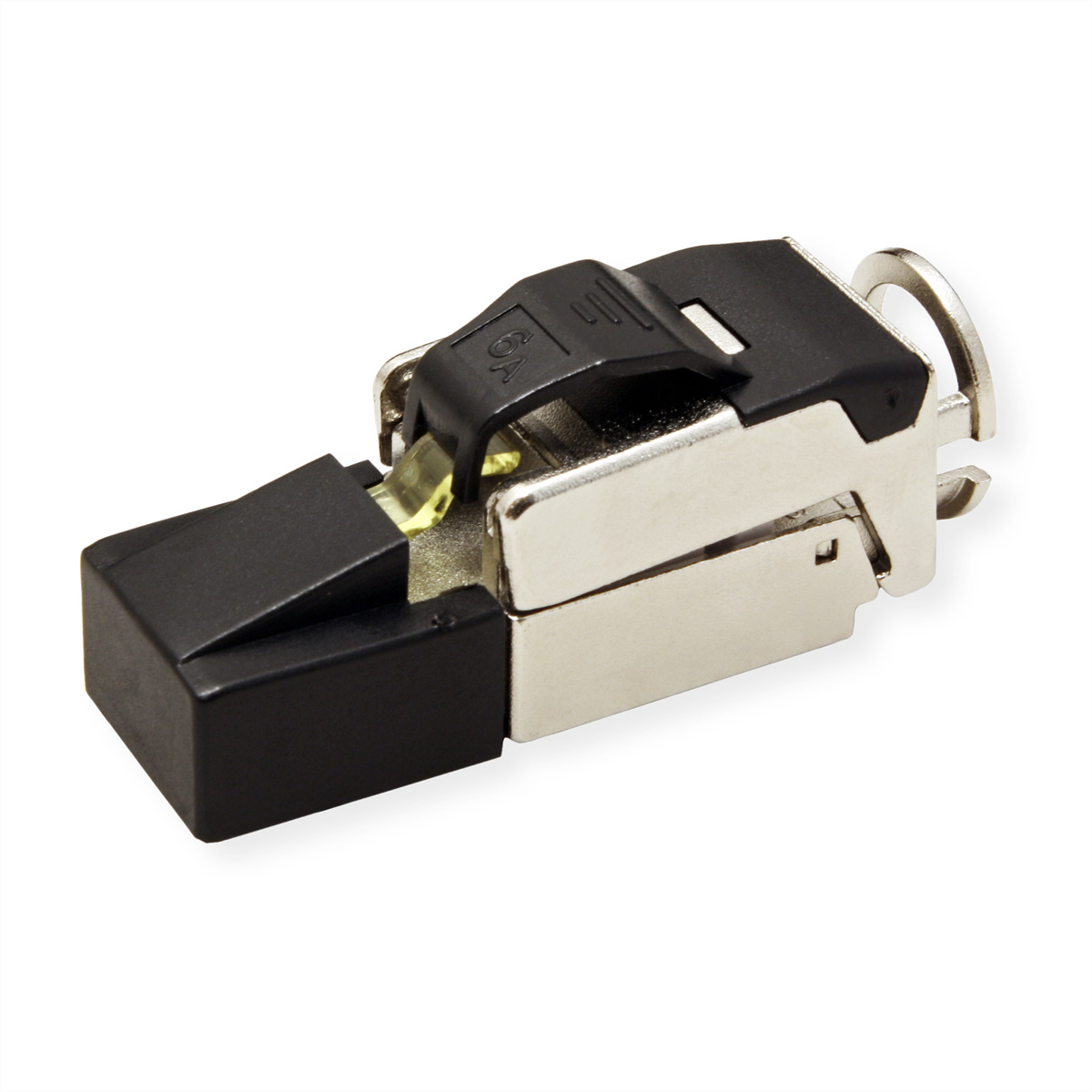 Connettore RJ45, nero e argento, con meccanismo di bloccaggio, vista angolata, isolato su bianco.