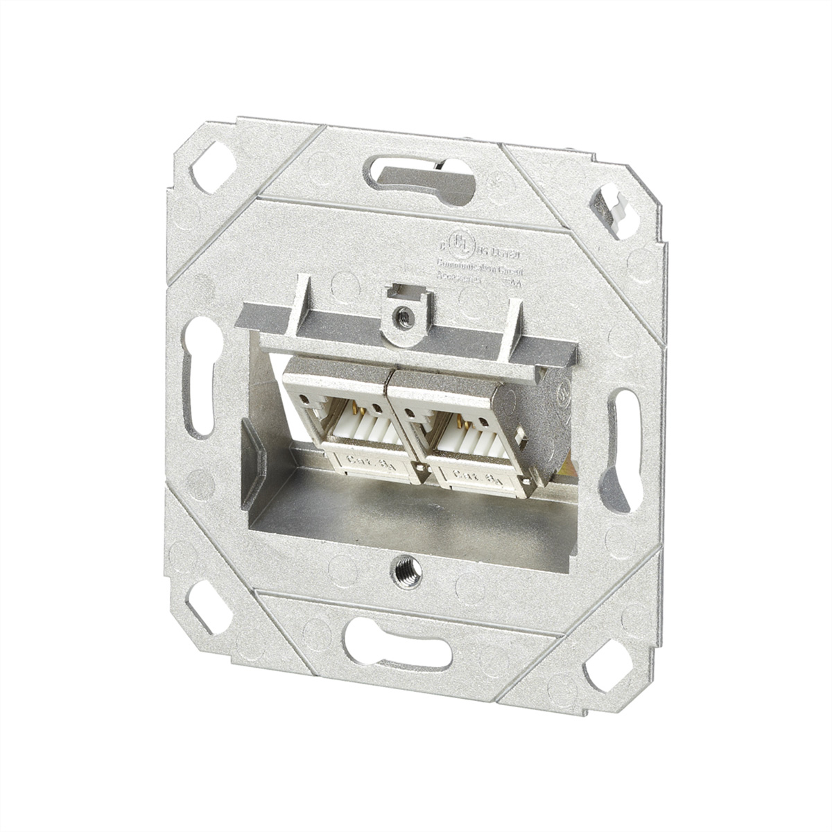 Presa elettrica argentata con due porte RJ45. Isolato su sfondo bianco. Ha due porte RJ45.