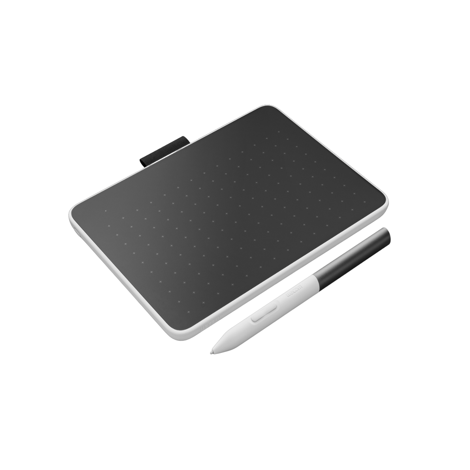 Tablet graficzny i czarno-biały pisak leżące na czarnym tle. Biały kontur.