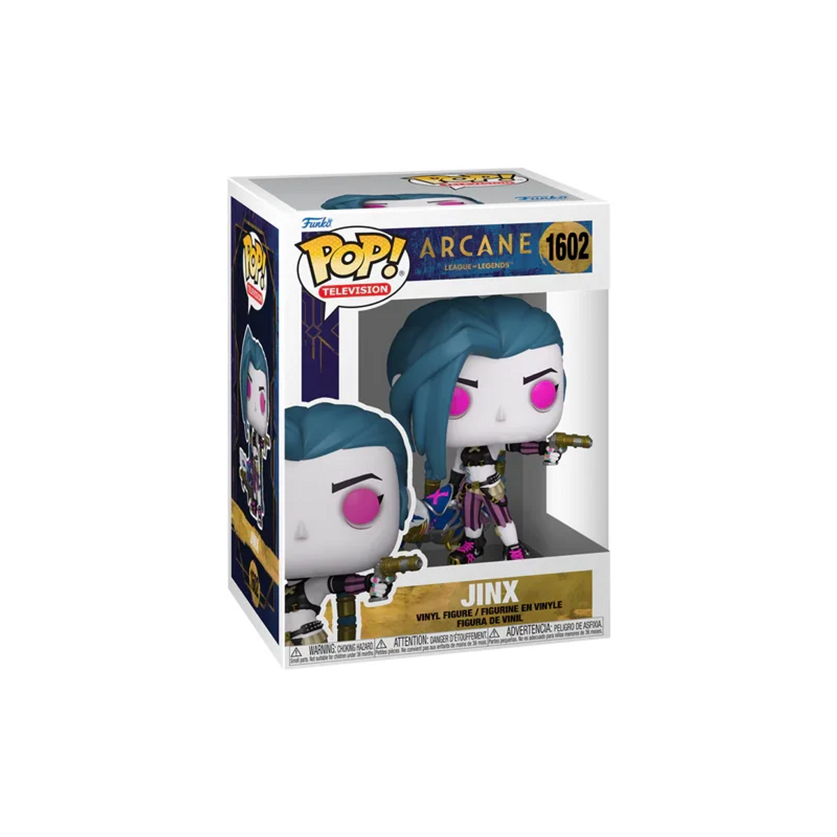 Figura Funko Pop de Jinx de Arcane, en una caja. Jinx tiene pelo azul, ojos rosas y sostiene dos pistolas.