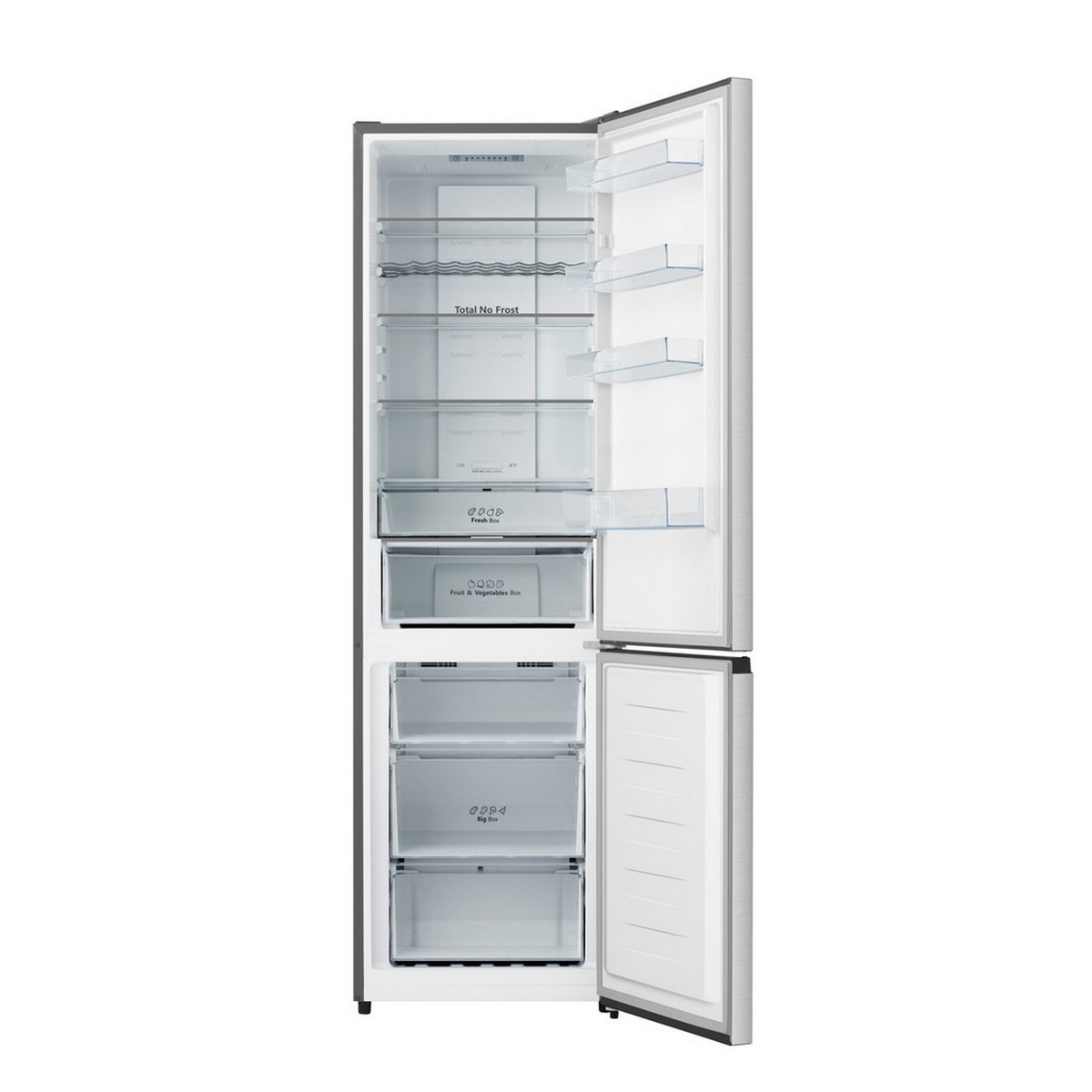 Ein Kühlschrank mit offener Tür, der Regale, Schubladen und ein Gefrierfach zeigt.