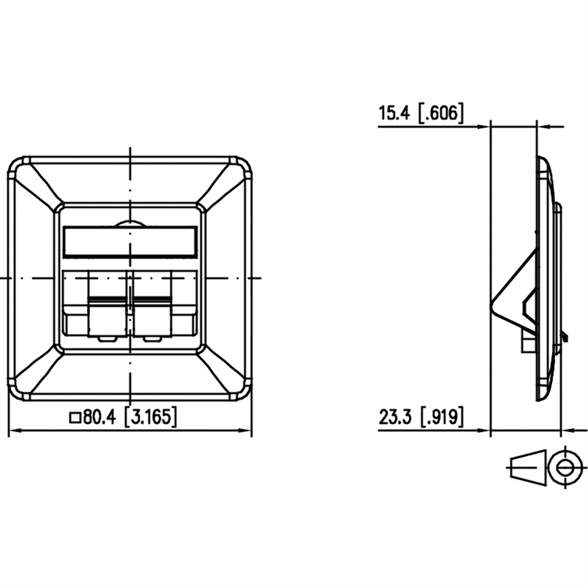 Diagramma di una presa elettrica quadrata, con dimensioni e vista laterale.