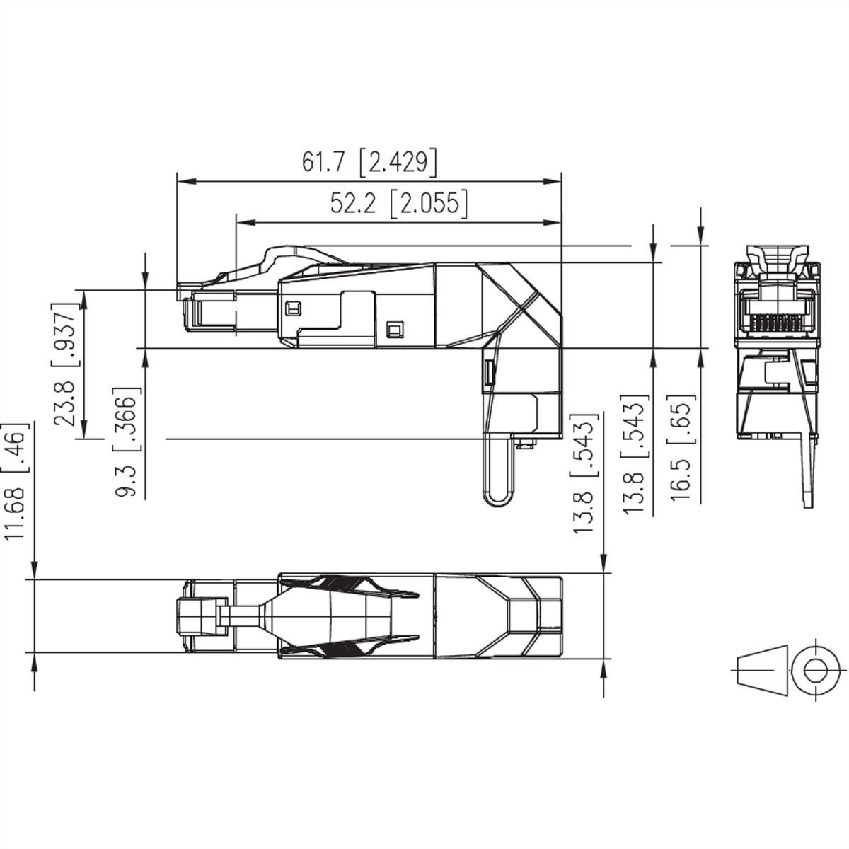 Disegno tecnico di un connettore con misure.