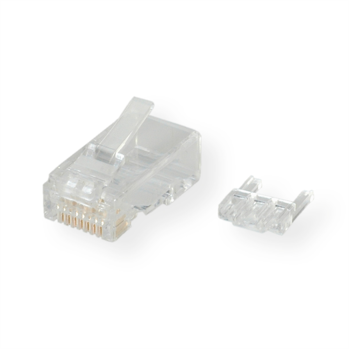Transparenter RJ45-Stecker und eine Kappe. Weißer Hintergrund.