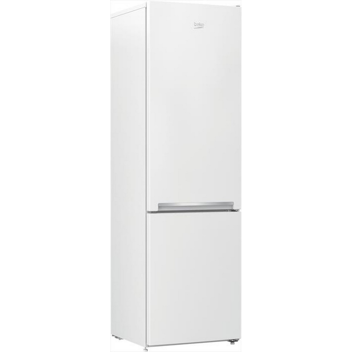 Frigorifero Beko bianco. Ha due porte. Il logo 'beko' è in alto.