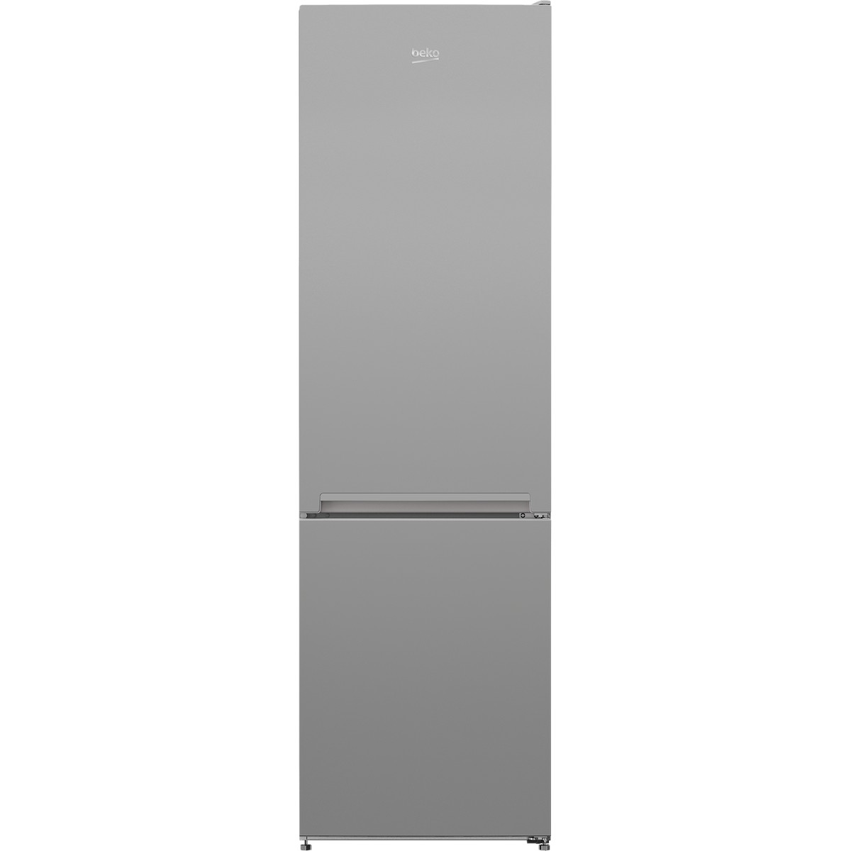 Silberner, hoher Beko-Kühlschrank. Er hat zwei Bereiche und einen Griff. Das Beko-Logo ist sichtbar.