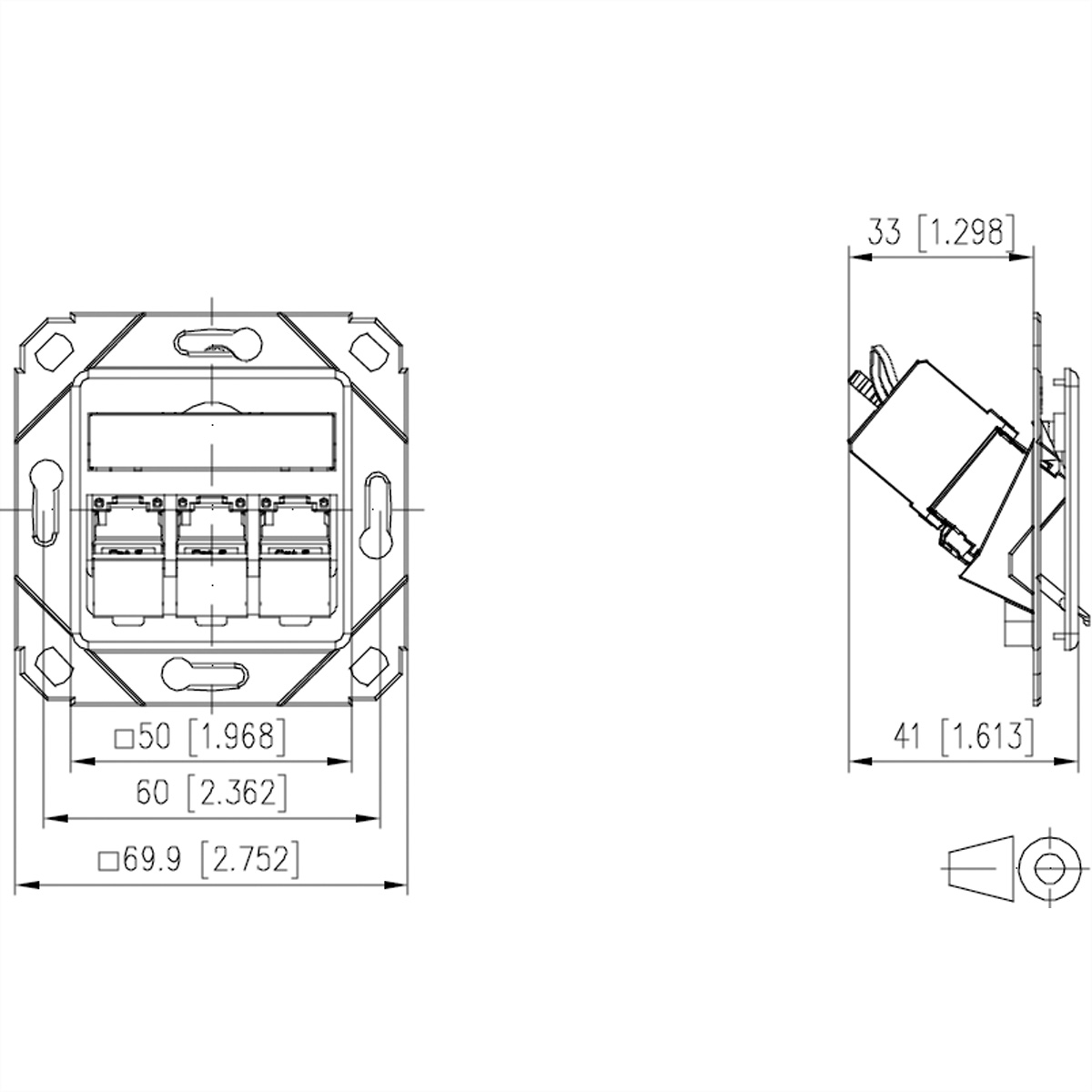 Disegno tecnico di componenti elettrici con misure, viste frontali e laterali.
