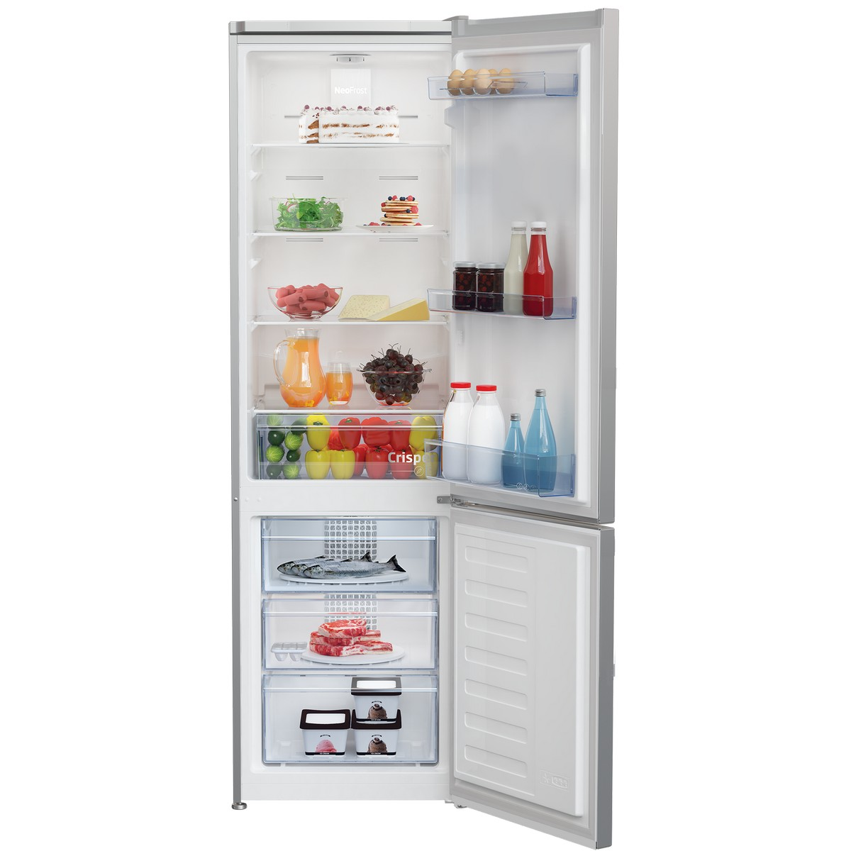 Geöffneter Kühlschrank voller Lebensmittel. Enthält Regale mit Früchten, Eiern und Flaschen.