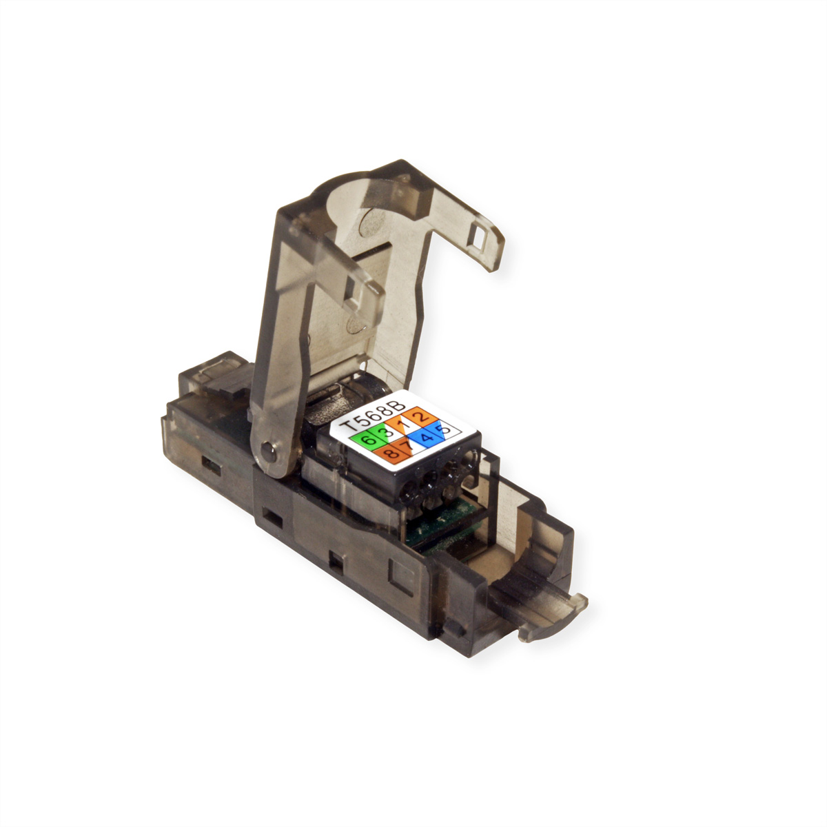 Un connettore RJ45 trasparente con fili colorati visibili.