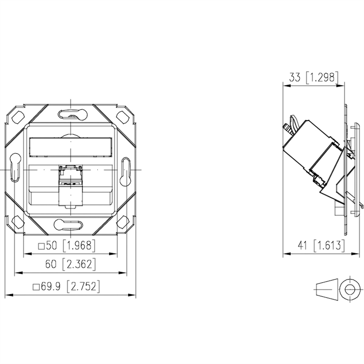 Disegno tecnico di una presa elettrica quadrata con dimensioni in mm e pollici.