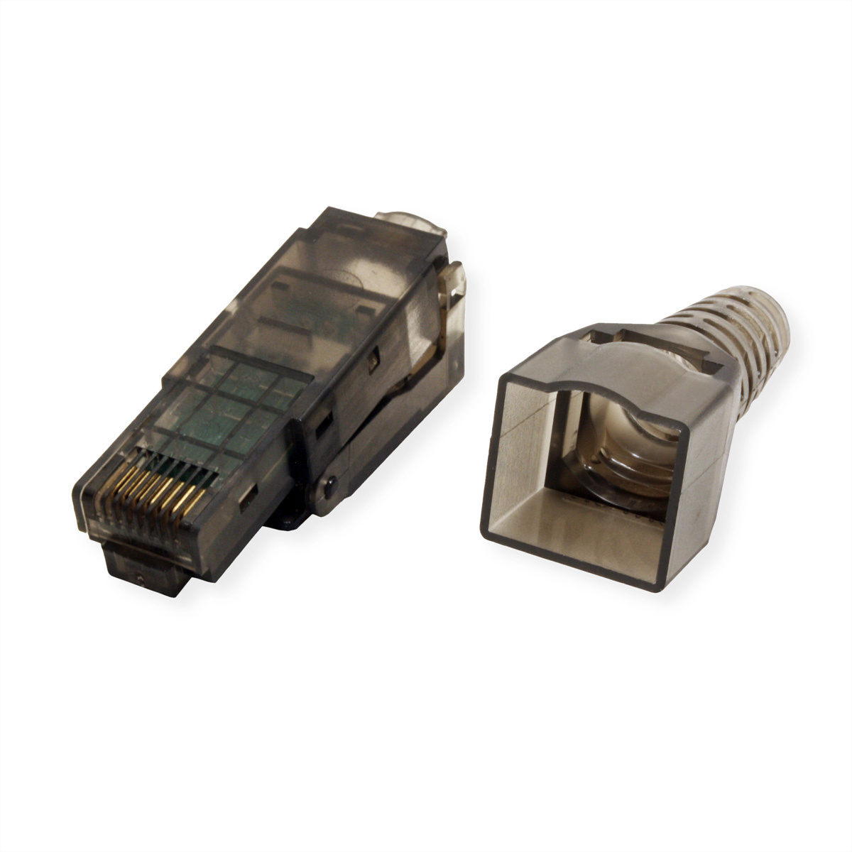 Due connettori RJ45. Uno trasparente con pin dorati, l'altro è un cappuccio. Sfondo bianco.