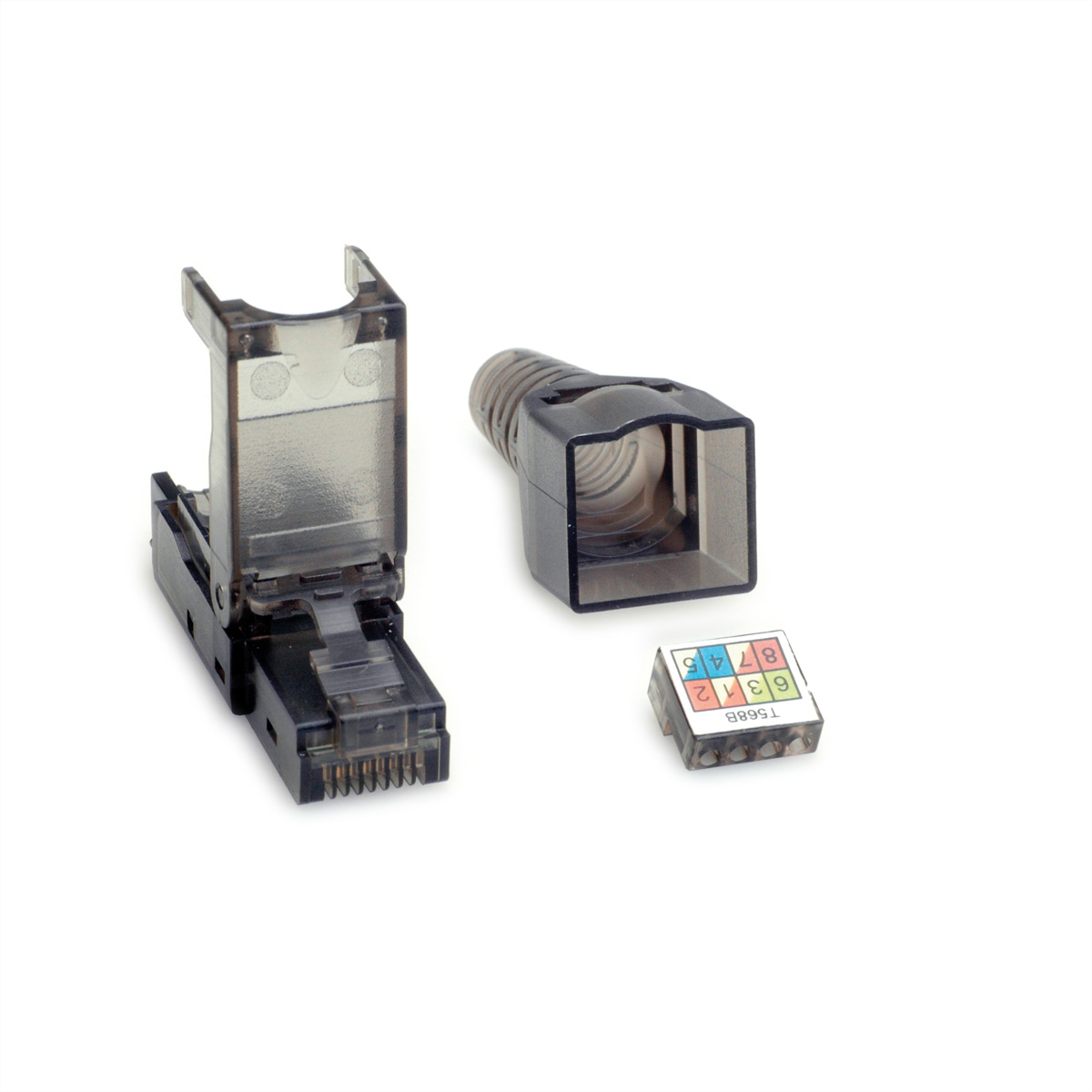 Componenti del connettore RJ45. Parti in plastica nera e trasparente. Sfondo bianco.