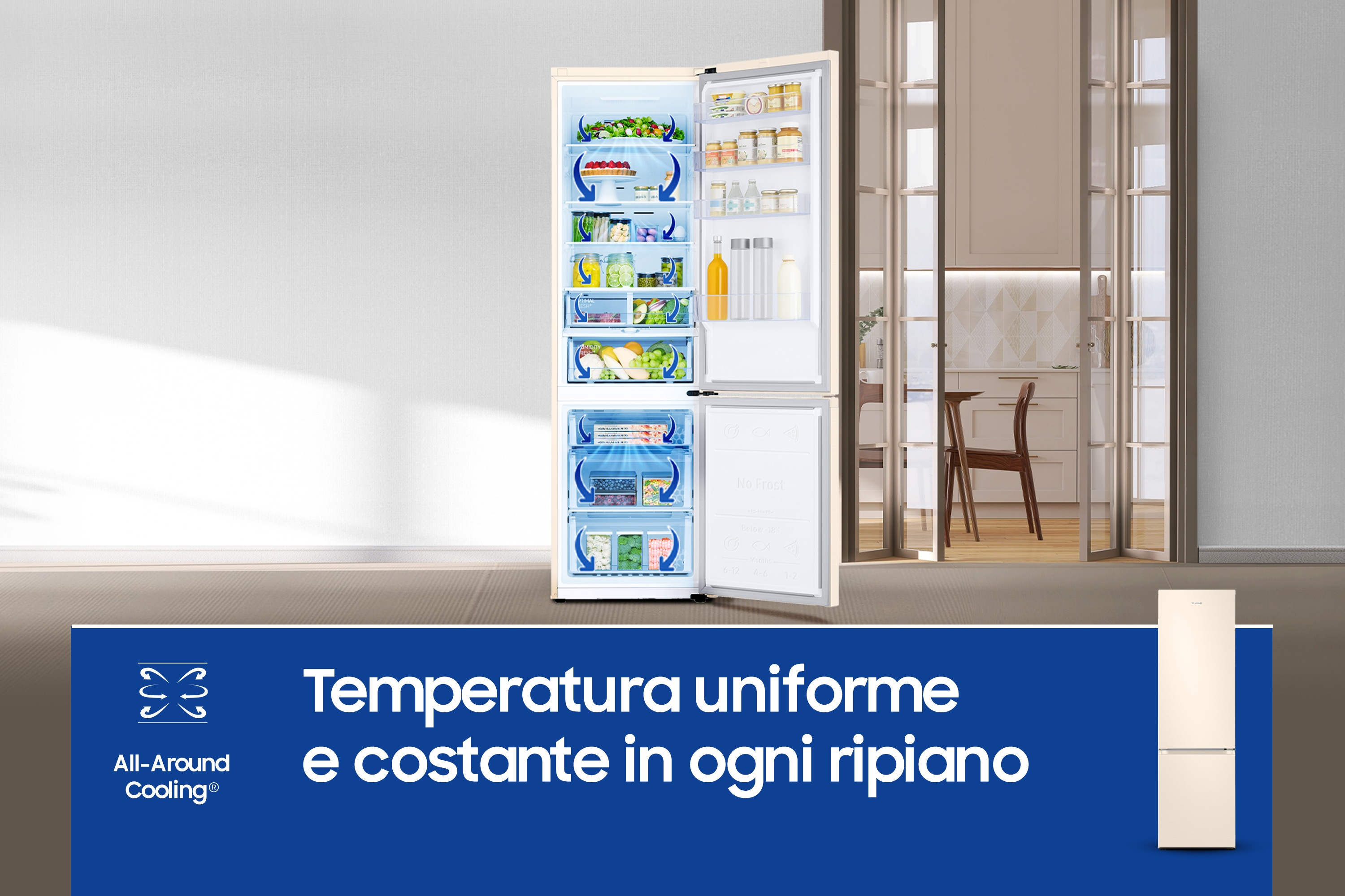 Lodówka z otwartymi drzwiami, wypełniona jedzeniem. Tekst: Jednolita i stała temperatura na każdej półce.