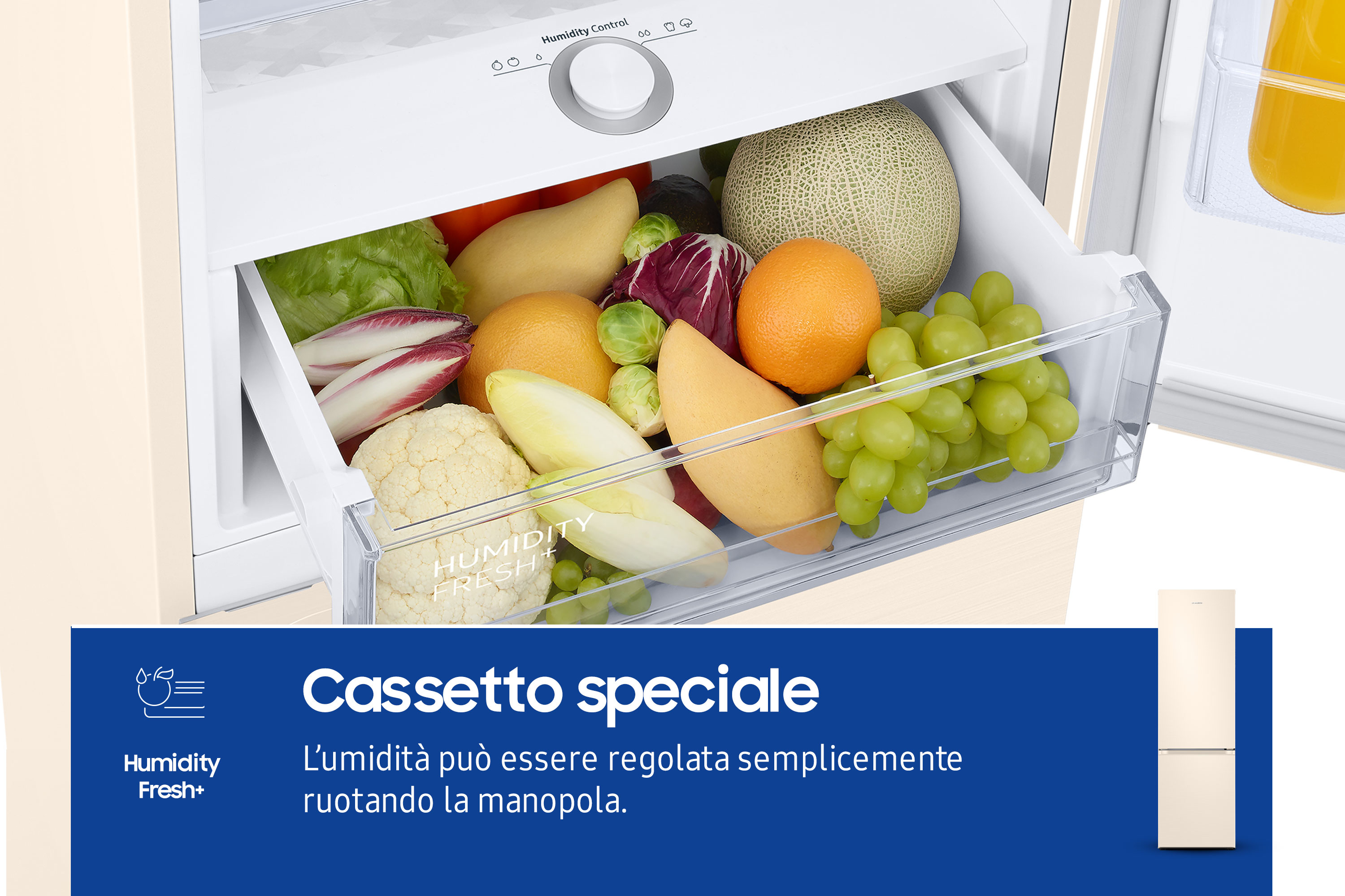 Szuflada lodówki z owocami i warzywami. Tekst po włosku: 'Casseto speciale'.