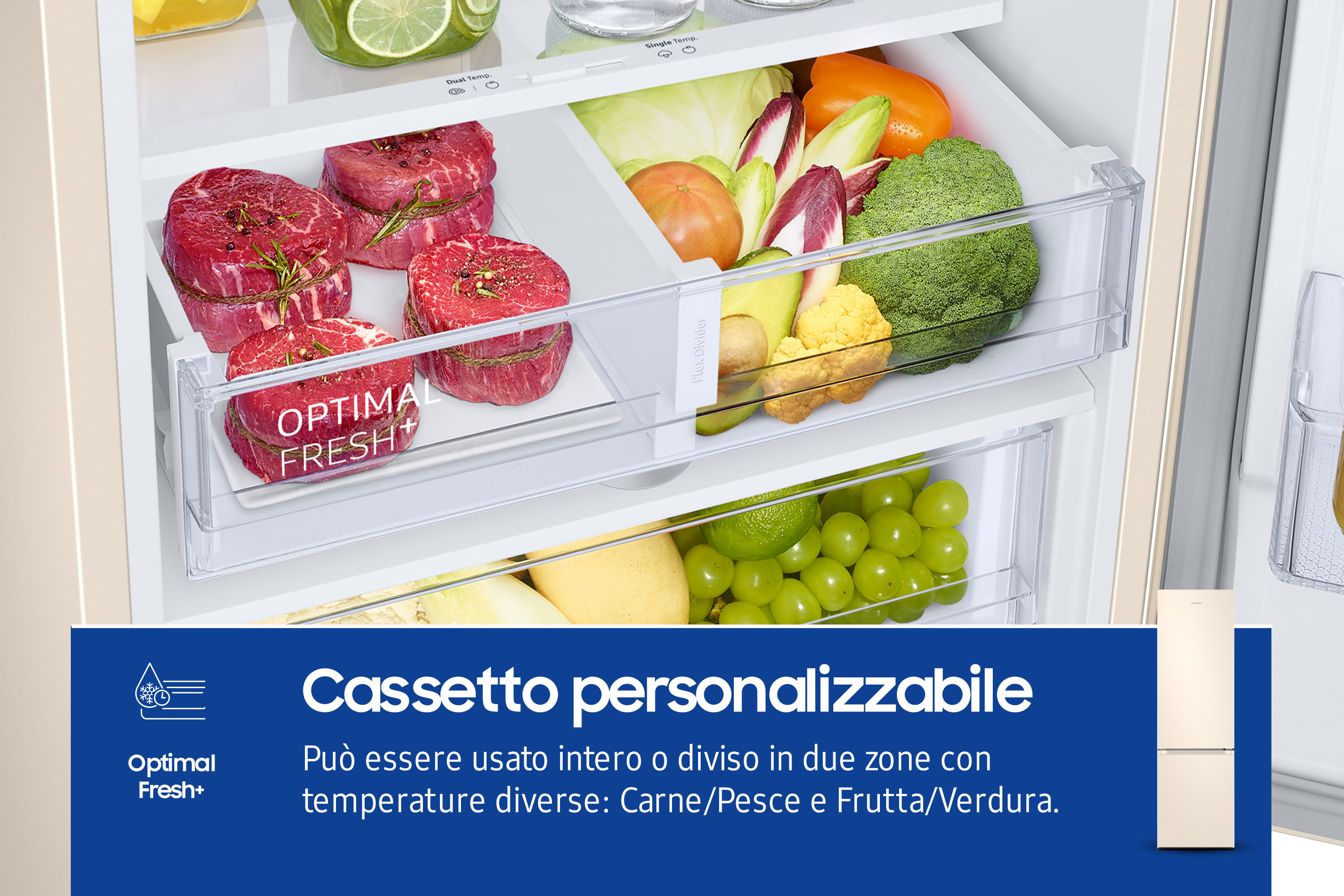 Szuflada lodówki z mięsem, warzywami i tekstem mówiącym 'Optimal Fresh+' oraz konfigurowalnymi strefami.