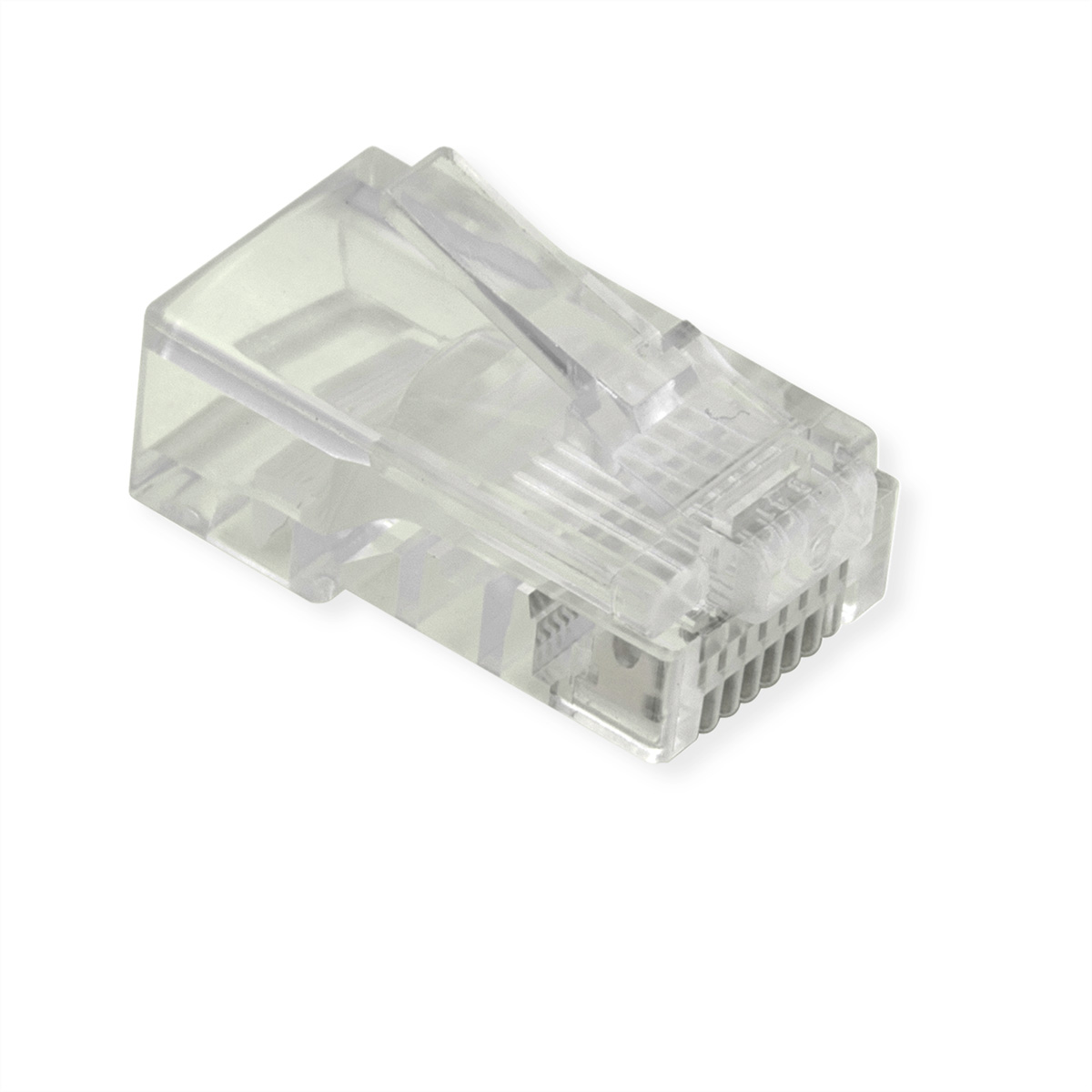 Connettore RJ45 trasparente, angolato, su bianco.