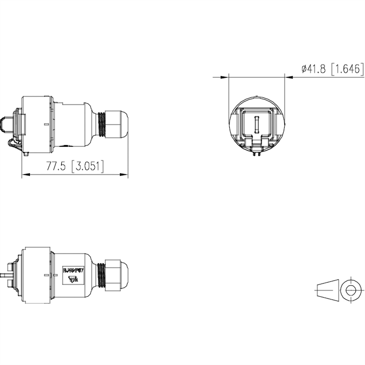 Disegno tecnico di un connettore cilindrico con dimensioni in mm e pollici.