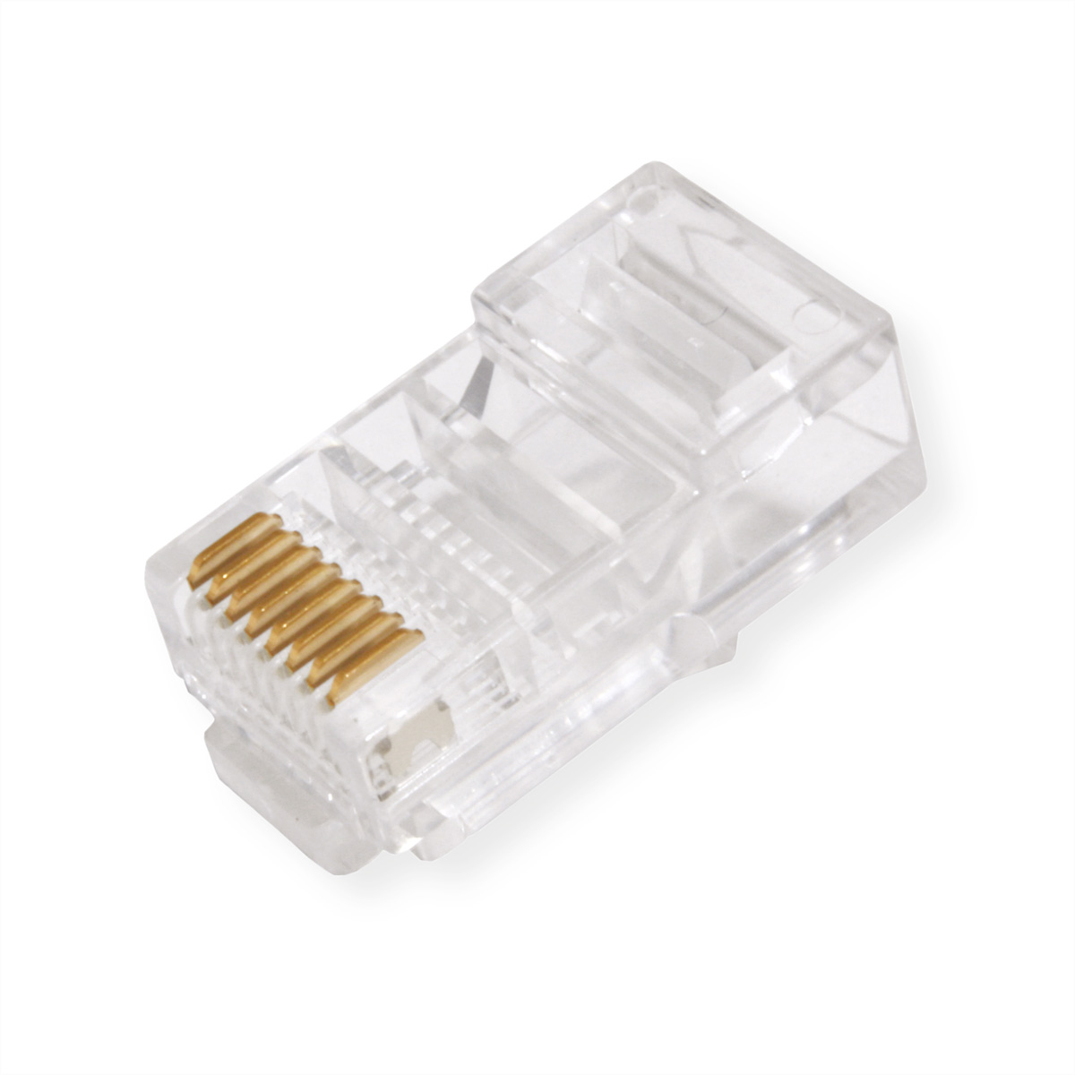 Un connettore RJ45 trasparente con contatti color oro.
