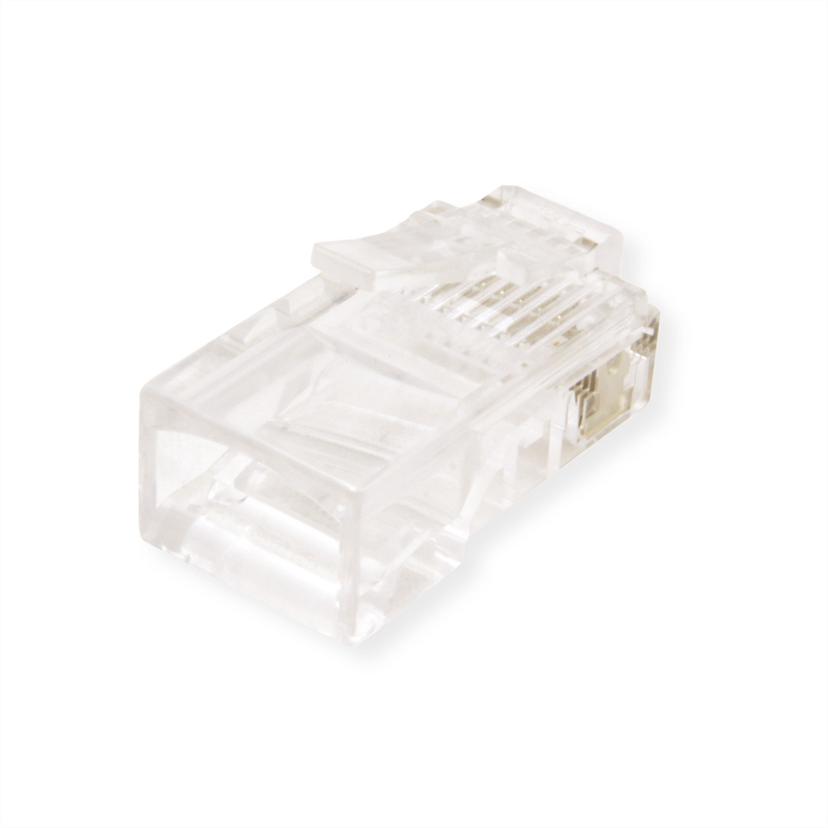 Connettore RJ45 in plastica trasparente. Ha una forma rettangolare. Isolato su sfondo bianco.