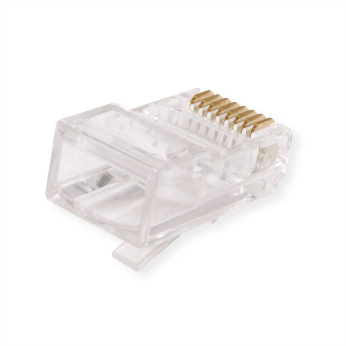 Connettore RJ45 in plastica trasparente con pin dorati e una piccola linguetta. È angolato.