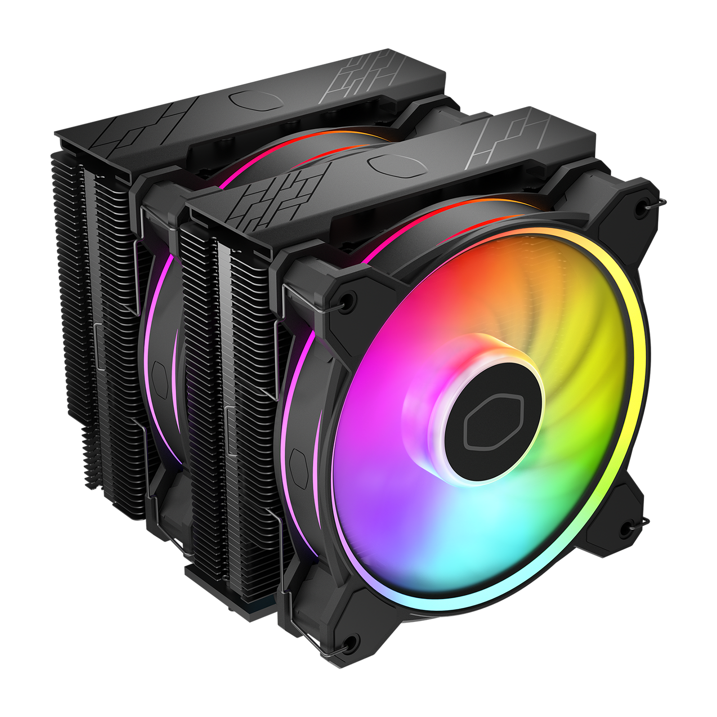 Un dissipatore CPU nero con tre ventole con luci colorate su sfondo nero.