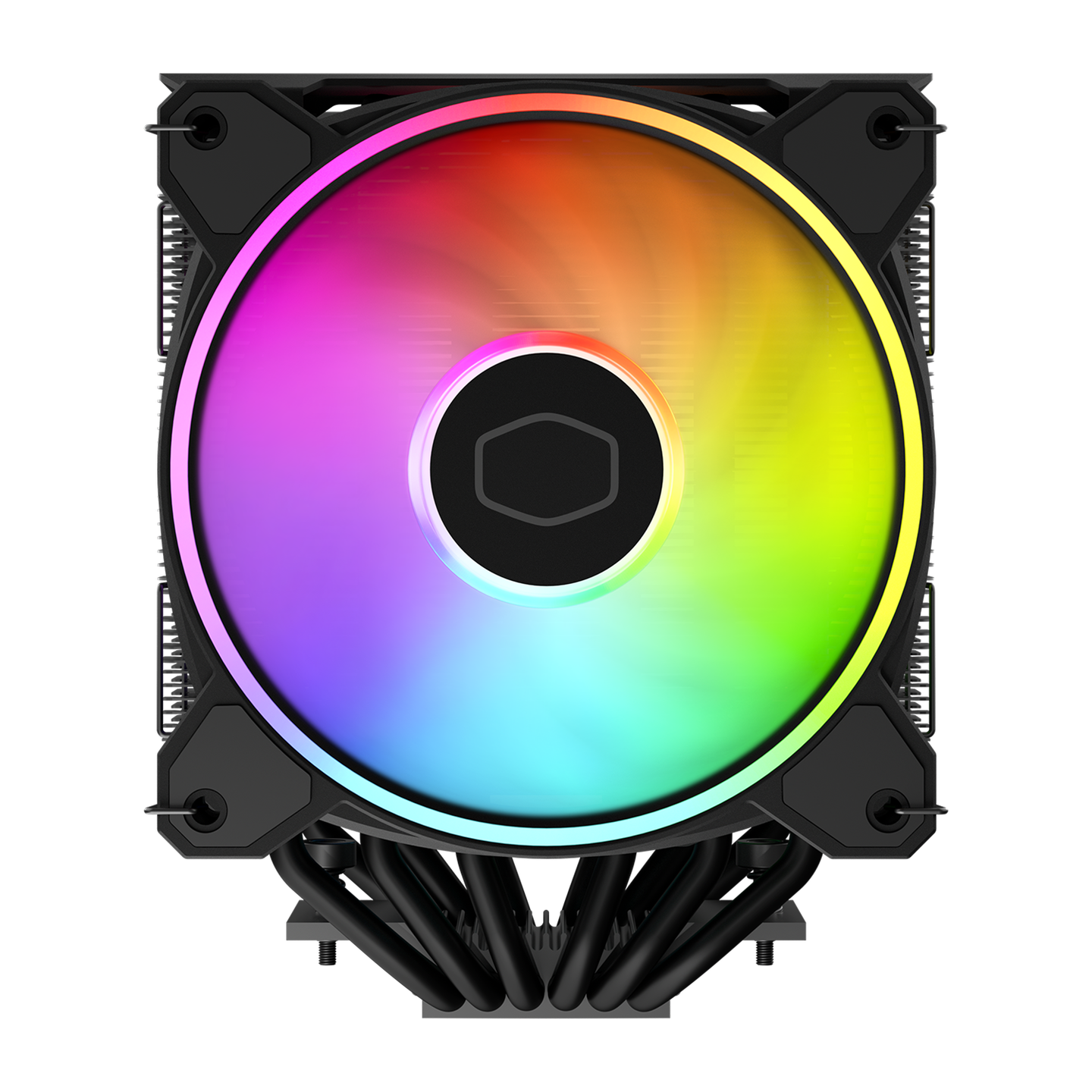 Una ventola per computer con luce arcobaleno e cornice nera.