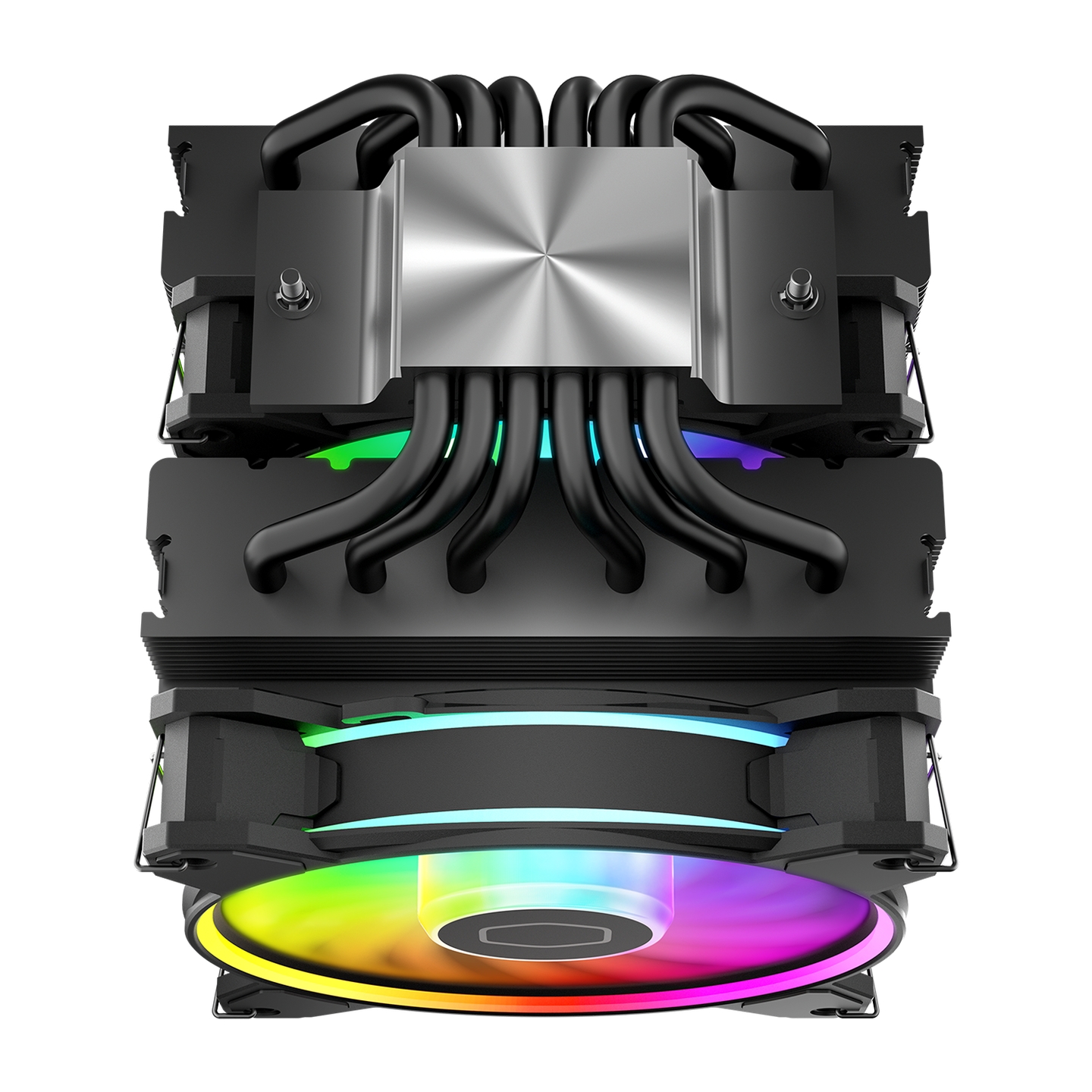 Dissipatore per computer con luci colorate. Alette e tubi neri visibili.