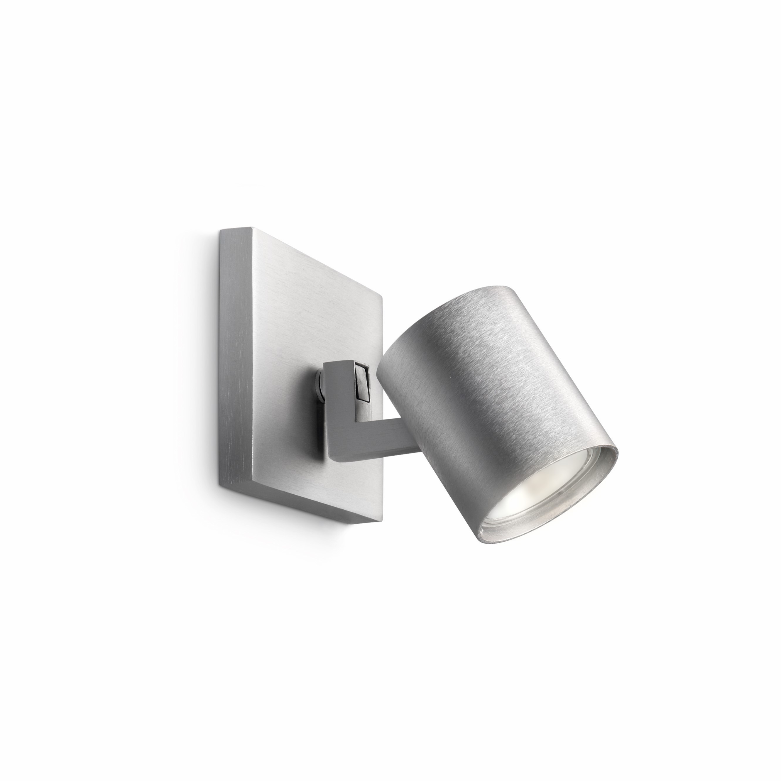Silver wall-mounted spotlight, directed to the right, on a white background.